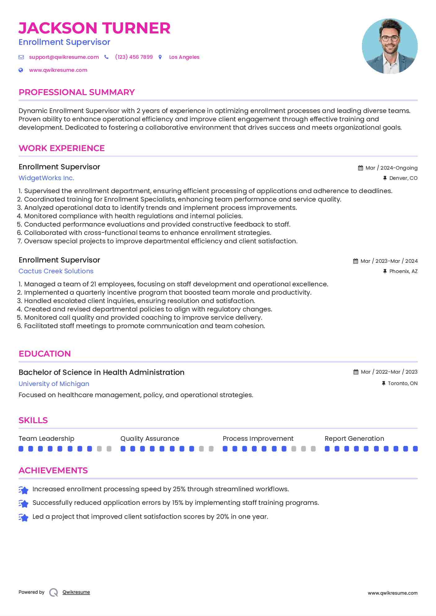 Enrollment Supervisor Resume Format