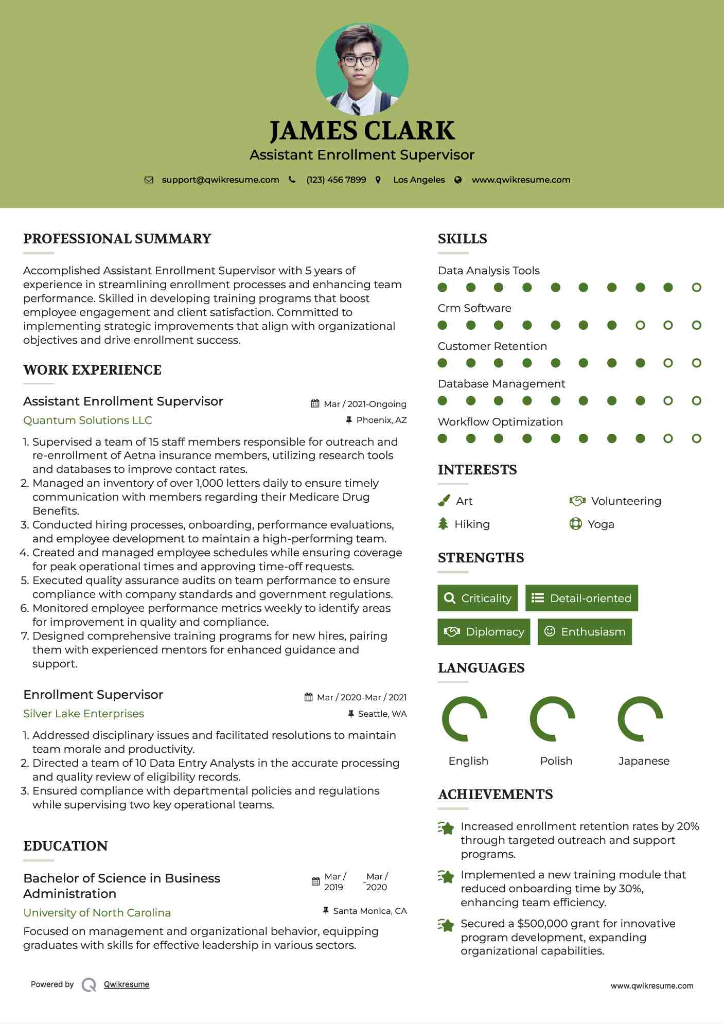 Assistant Enrollment Supervisor Resume Model