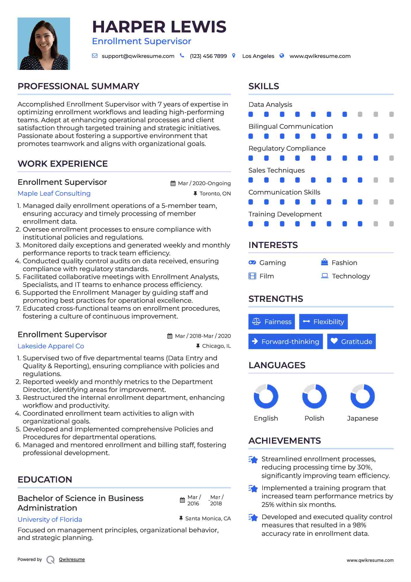 Enrollment Supervisor Resume Example