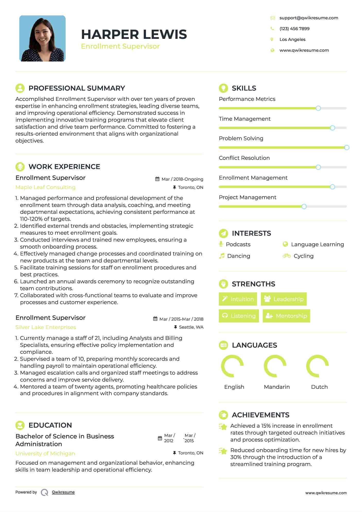 Enrollment Supervisor Resume Template