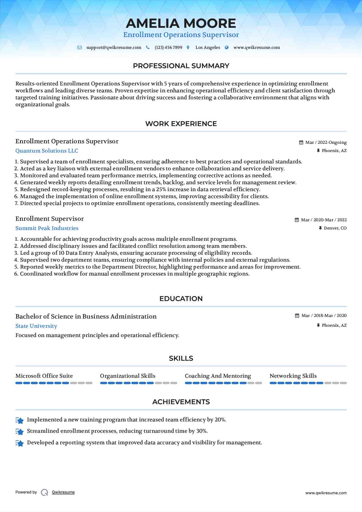 Enrollment Operations Supervisor Resume Example