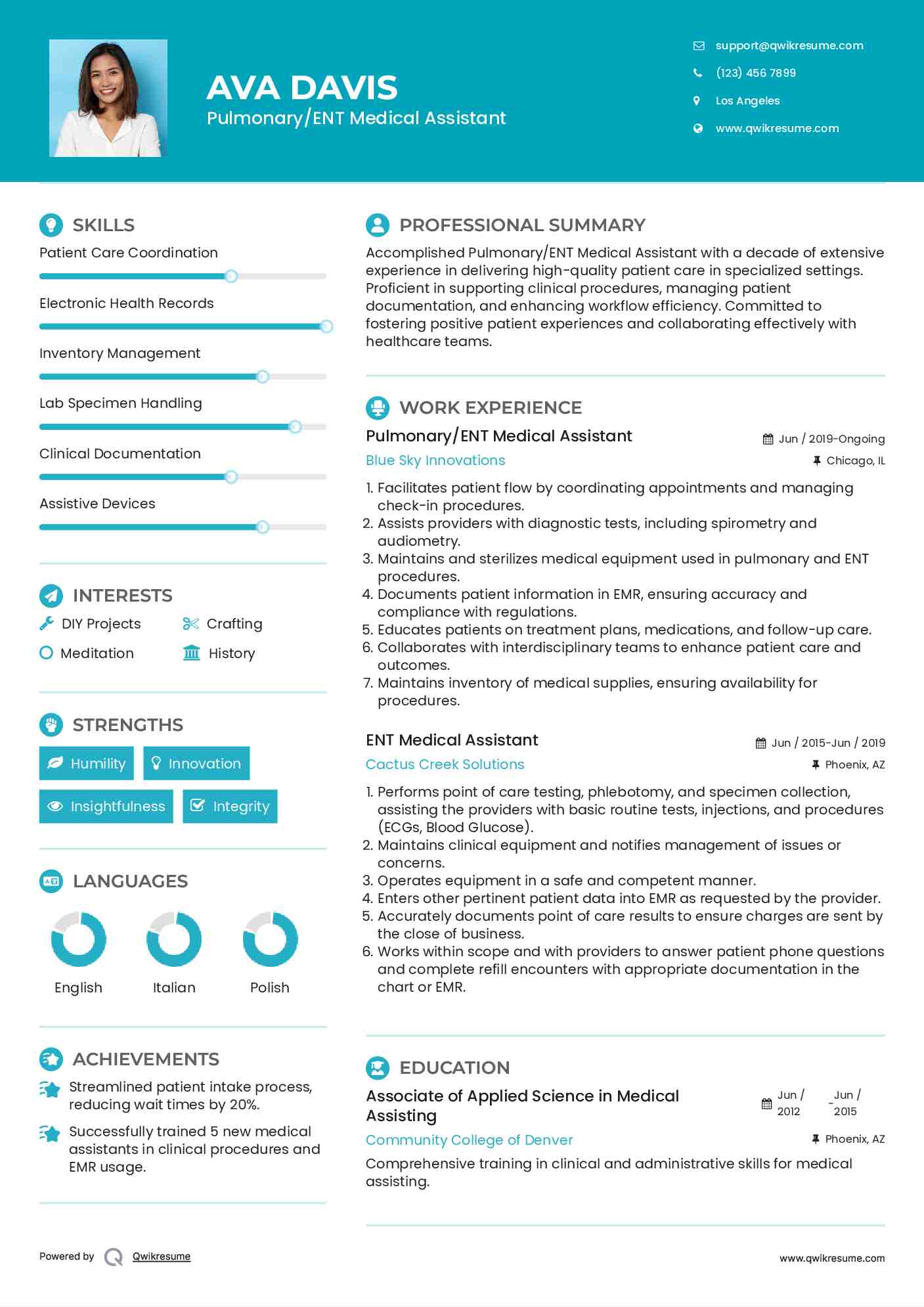 Pulmonary/ENT Medical Assistant Resume Format