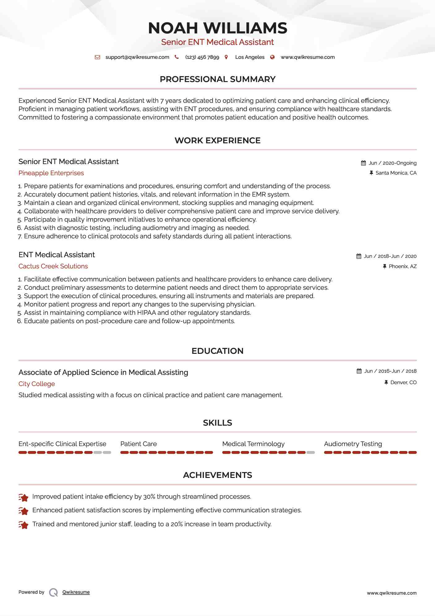 Senior ENT Medical Assistant Resume Example