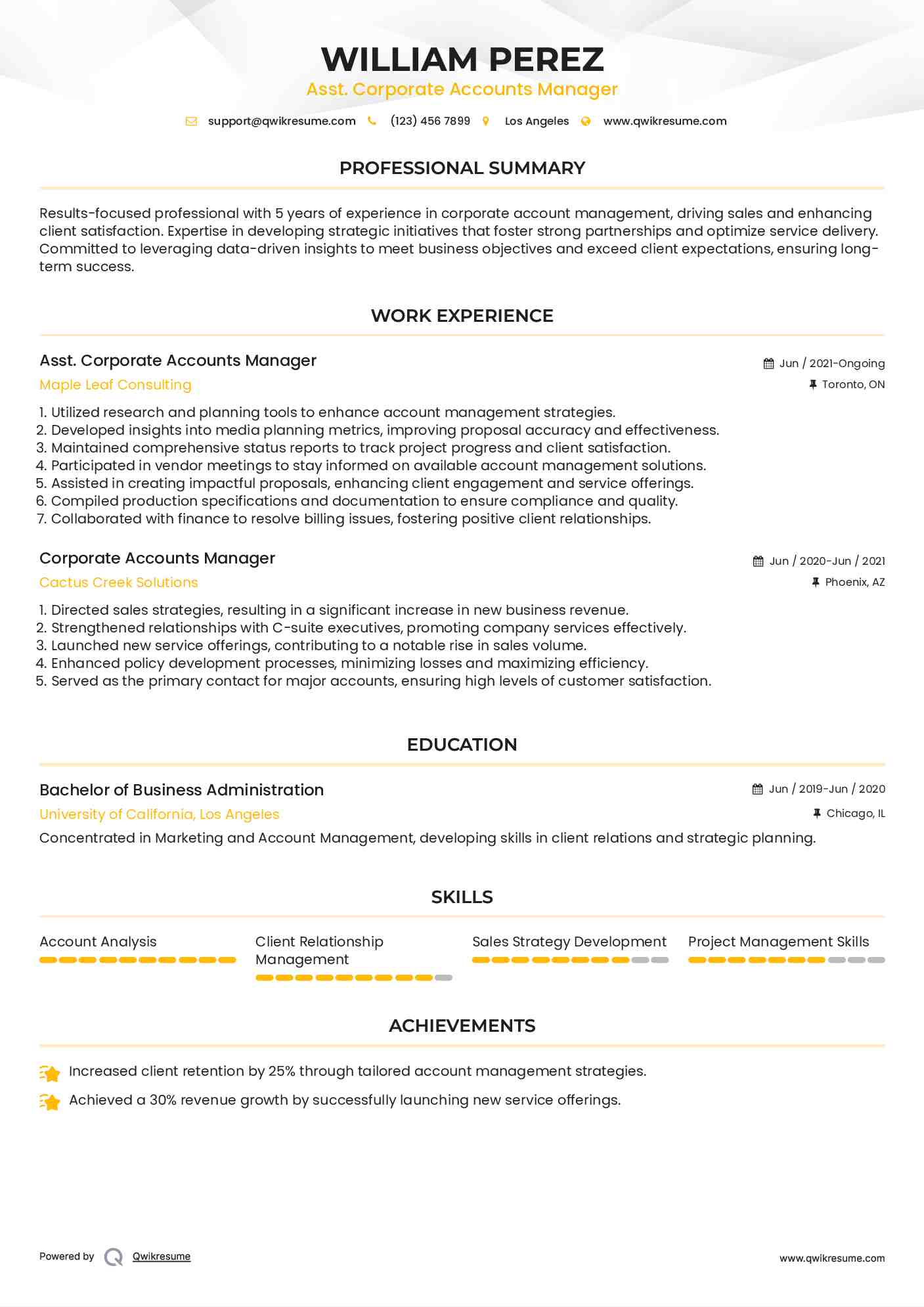 Asst. Corporate Accounts Manager Resume Sample