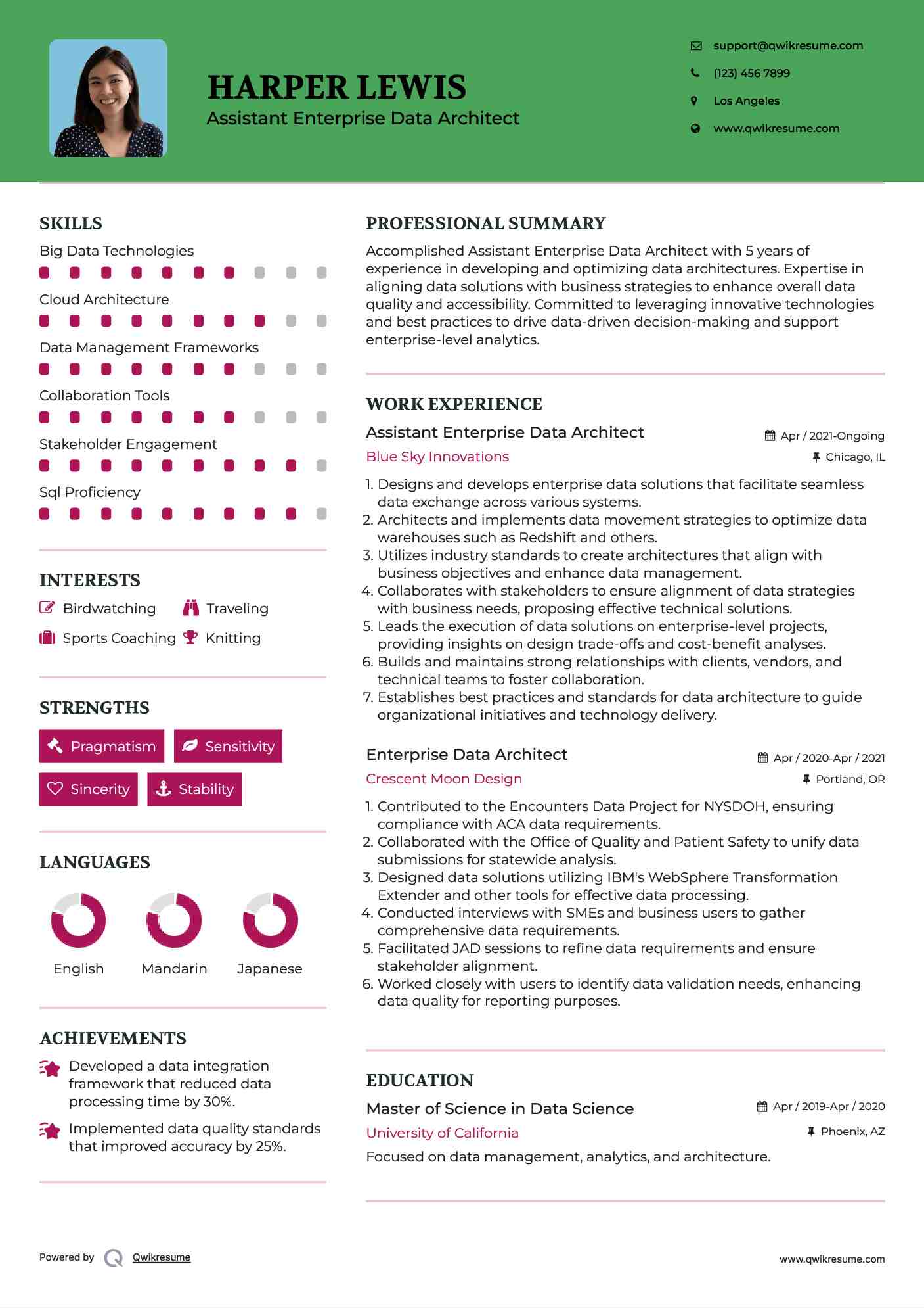 Assistant Enterprise Data Architect Resume Example