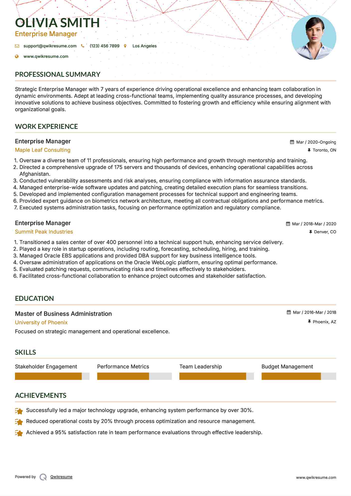 Enterprise Manager Resume Model