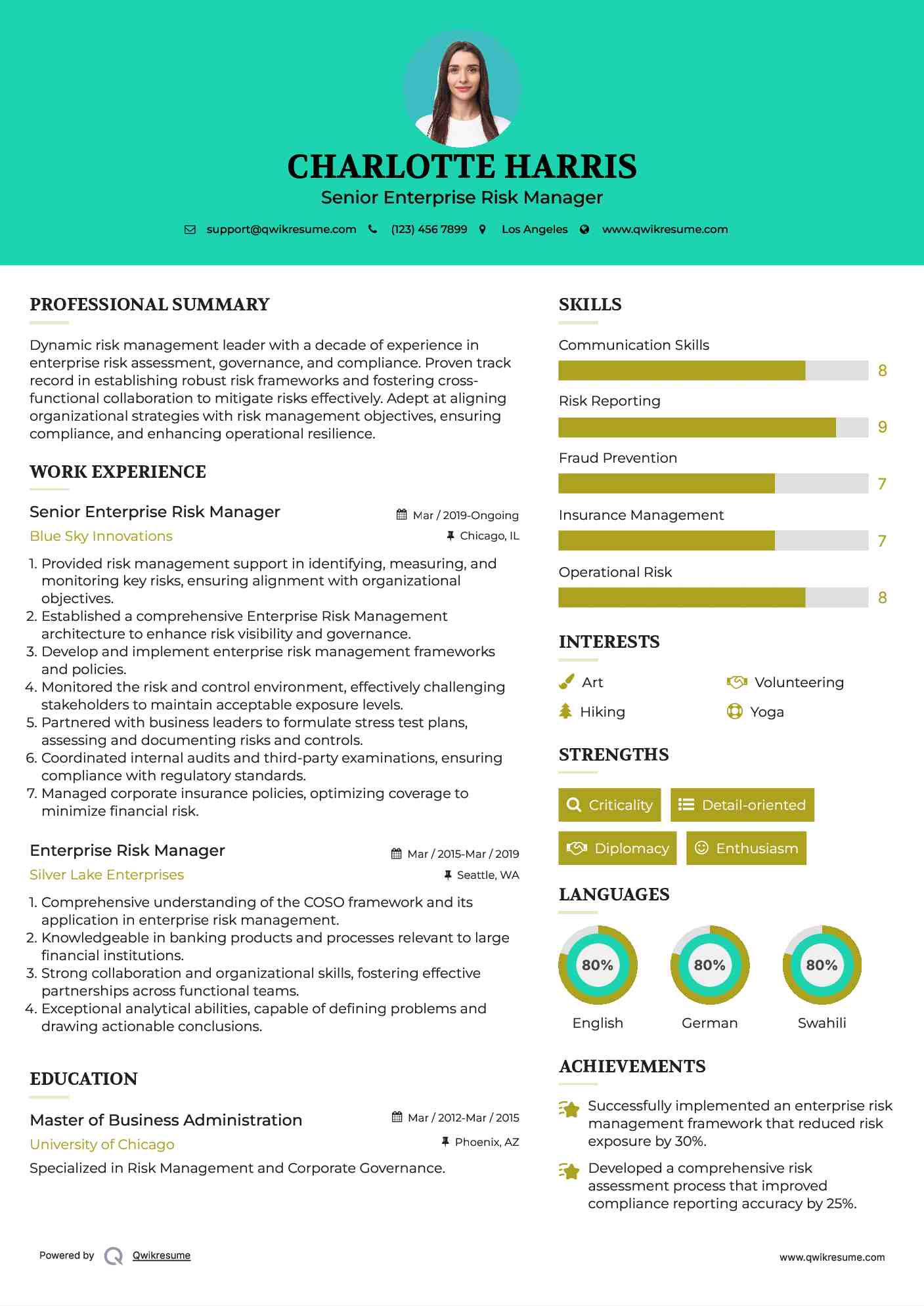 Senior Enterprise Risk Manager Resume Example