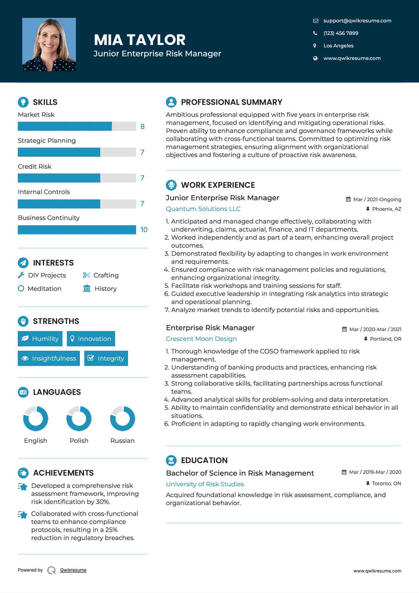 Junior Enterprise Risk Manager Resume Format