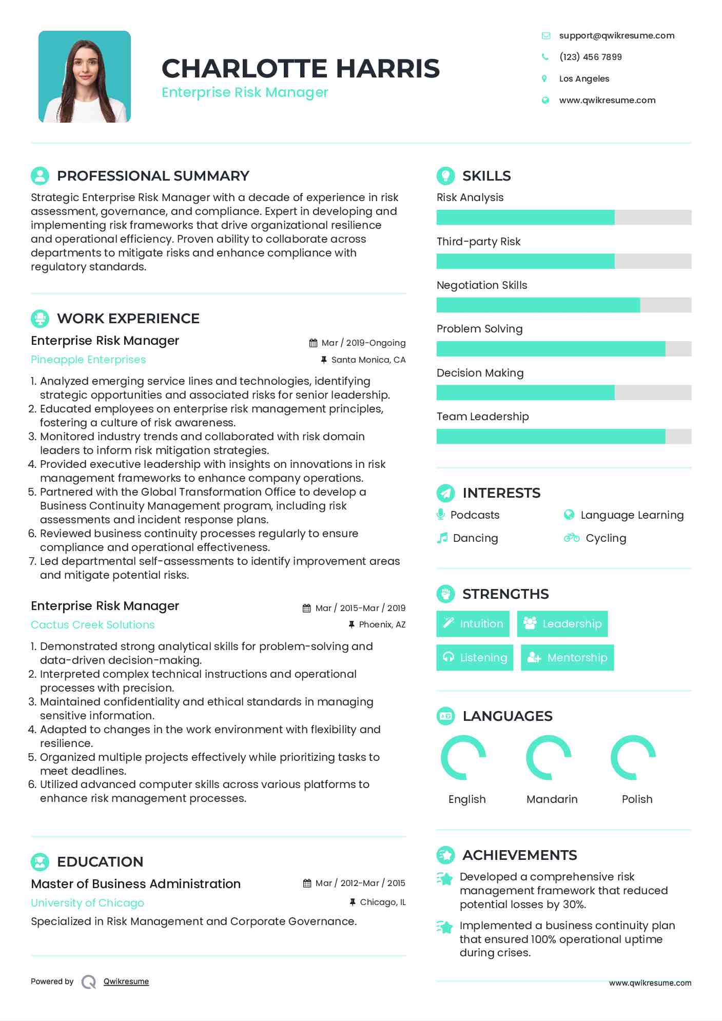 Enterprise Risk Manager Resume Example