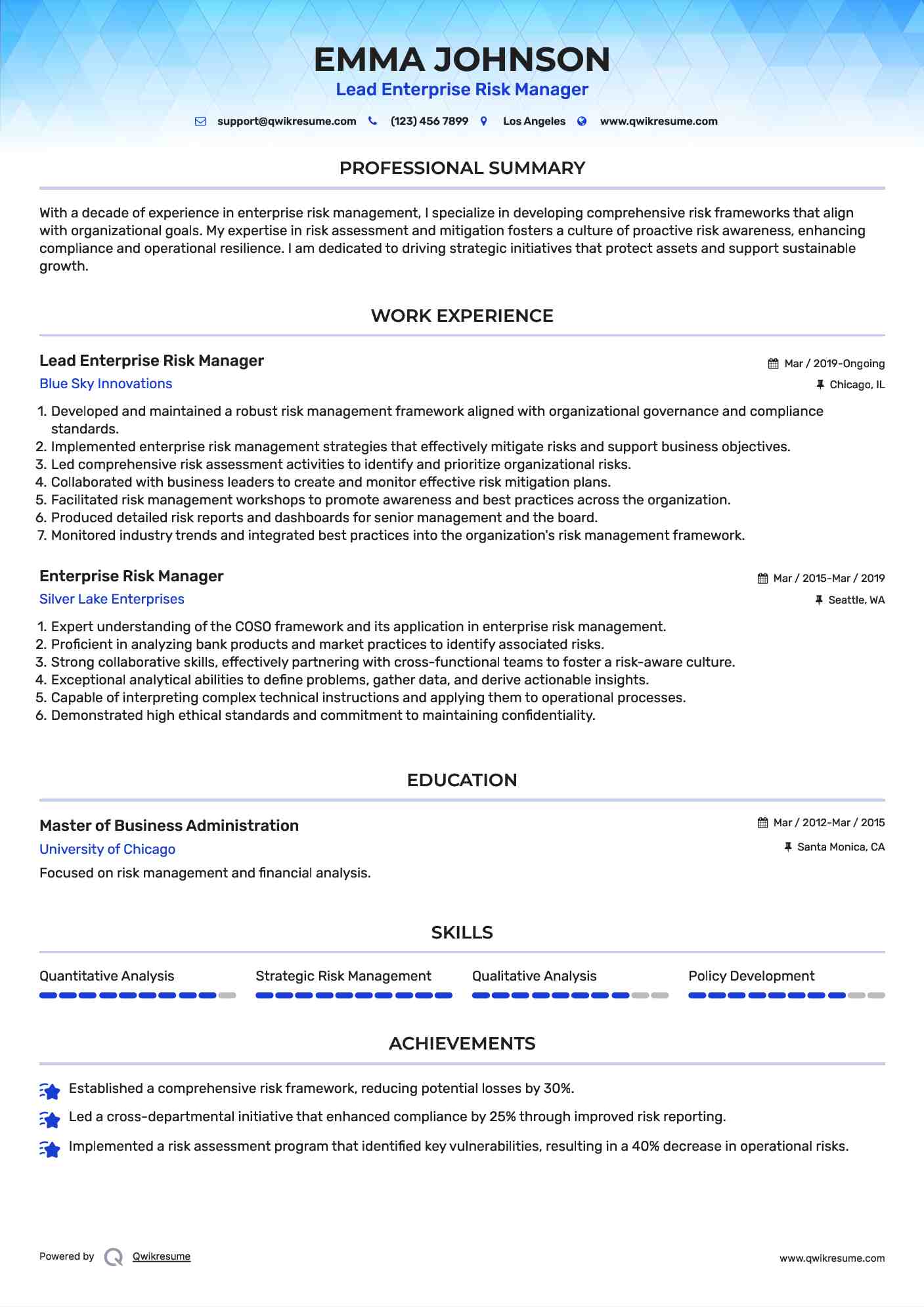 Lead Enterprise Risk Manager Resume Model