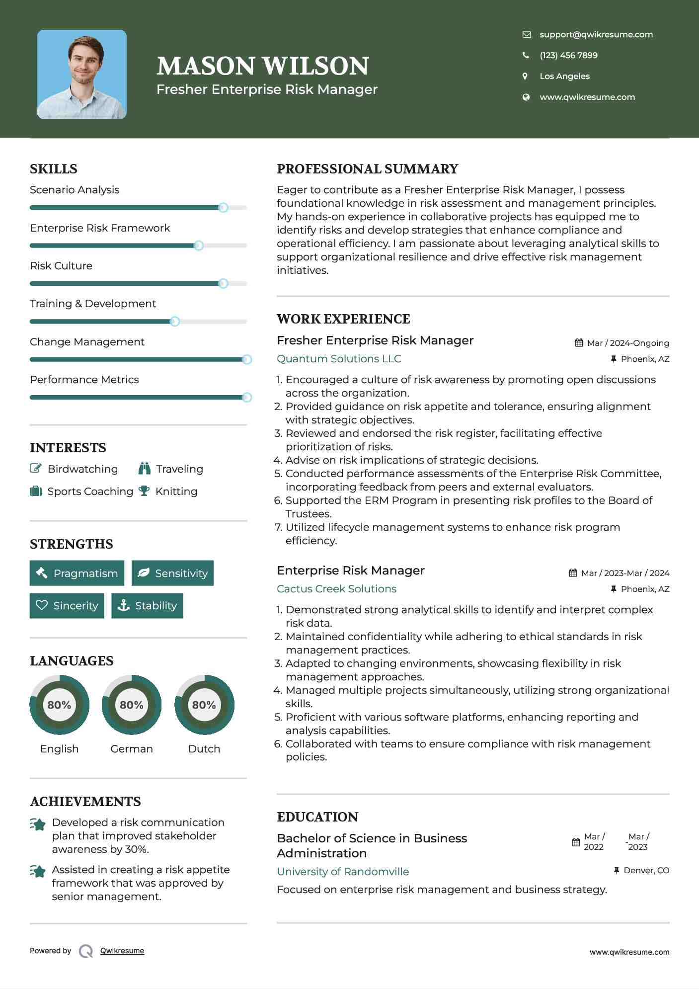 Fresher Enterprise Risk Manager Resume Template