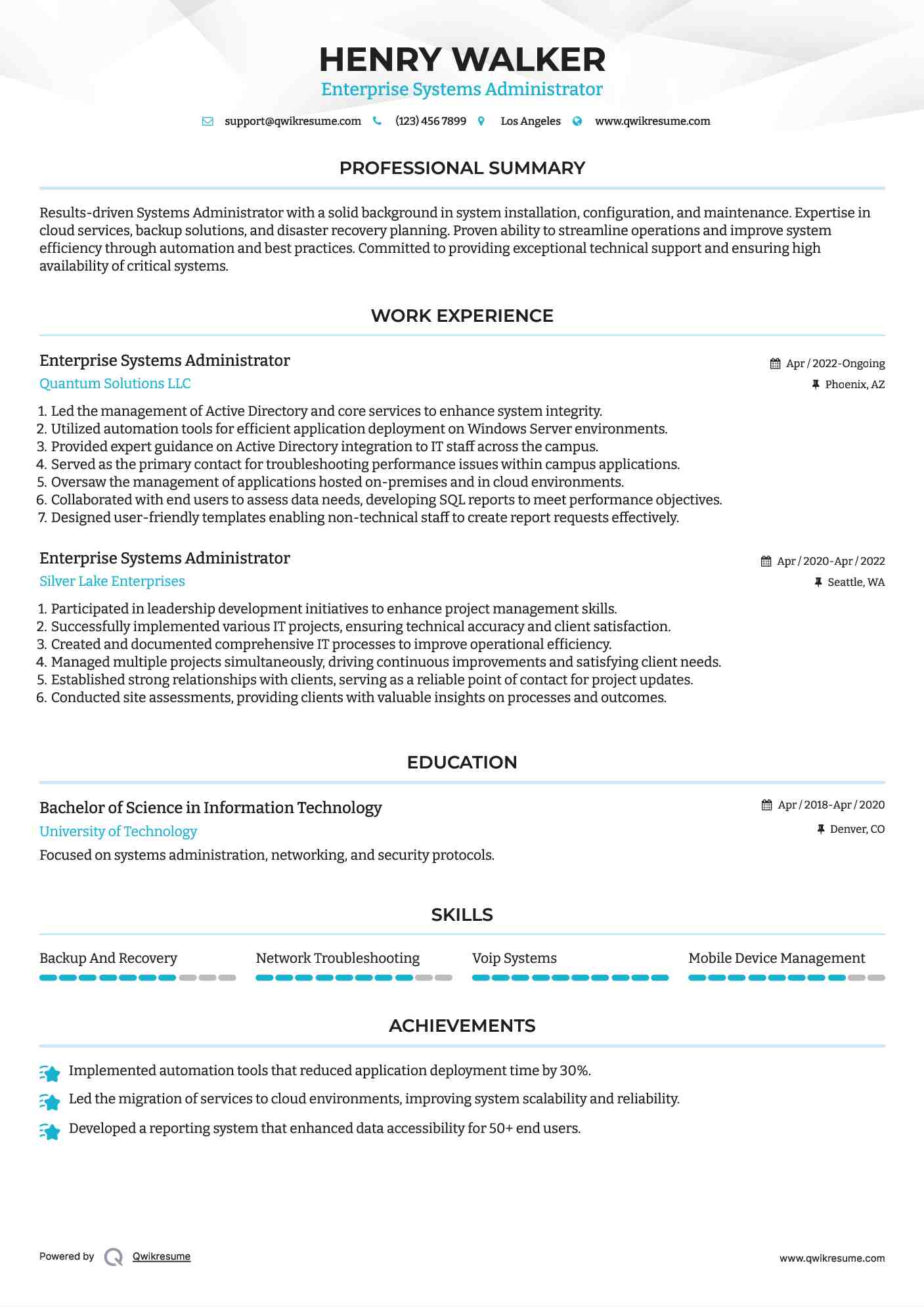 Enterprise Systems Administrator Resume Sample