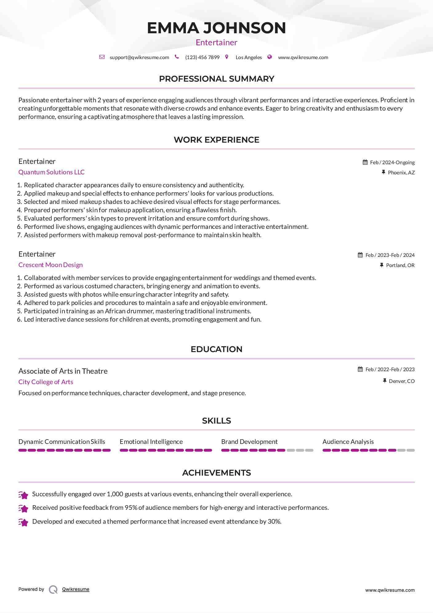 Entertainer Resume Format