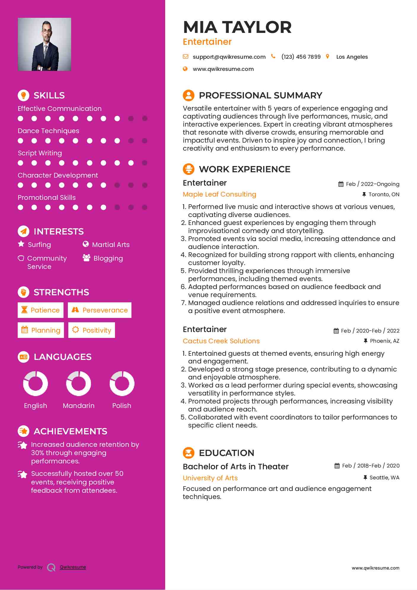 Entertainer Resume Model