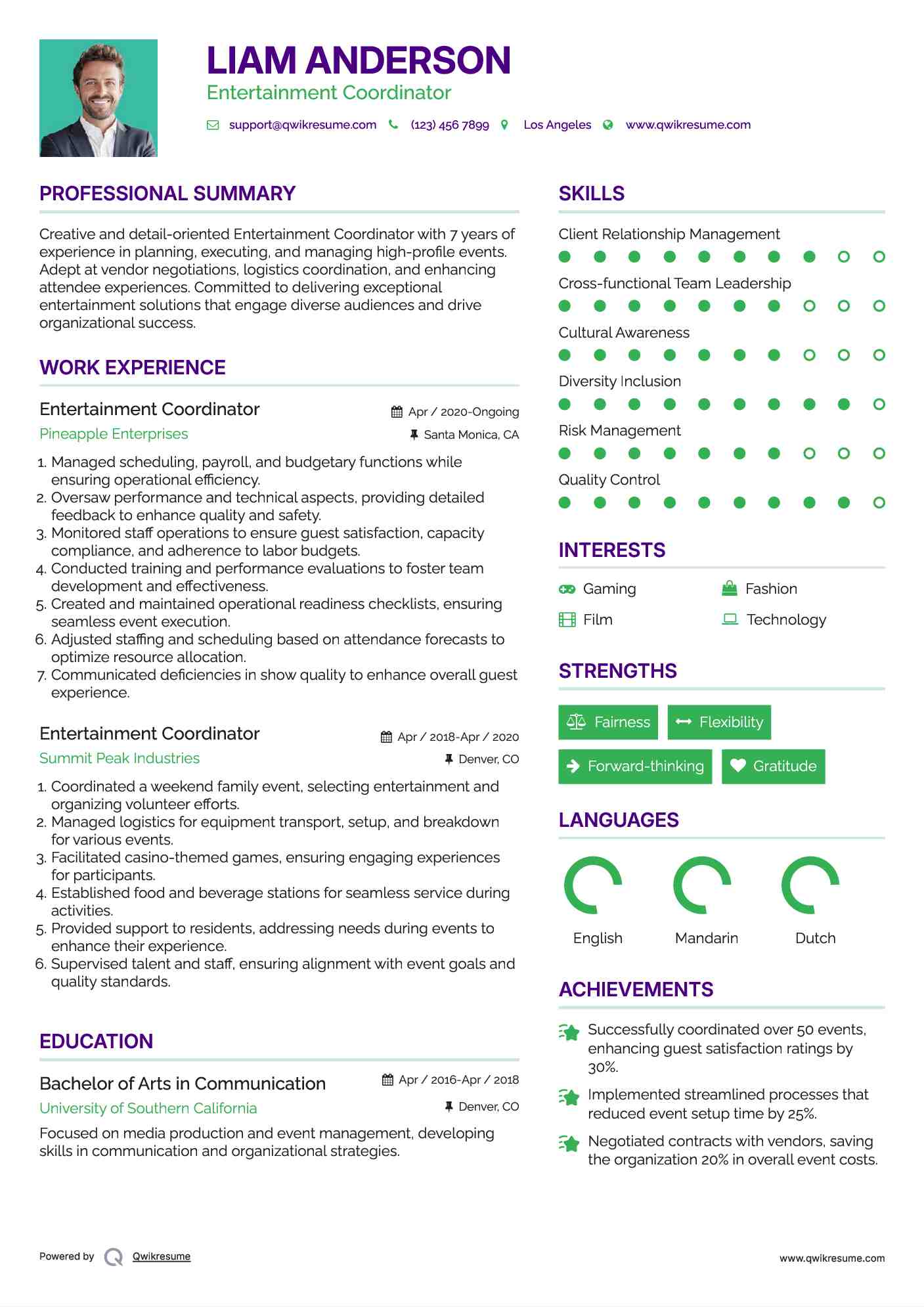 Entertainment Coordinator Resume Template