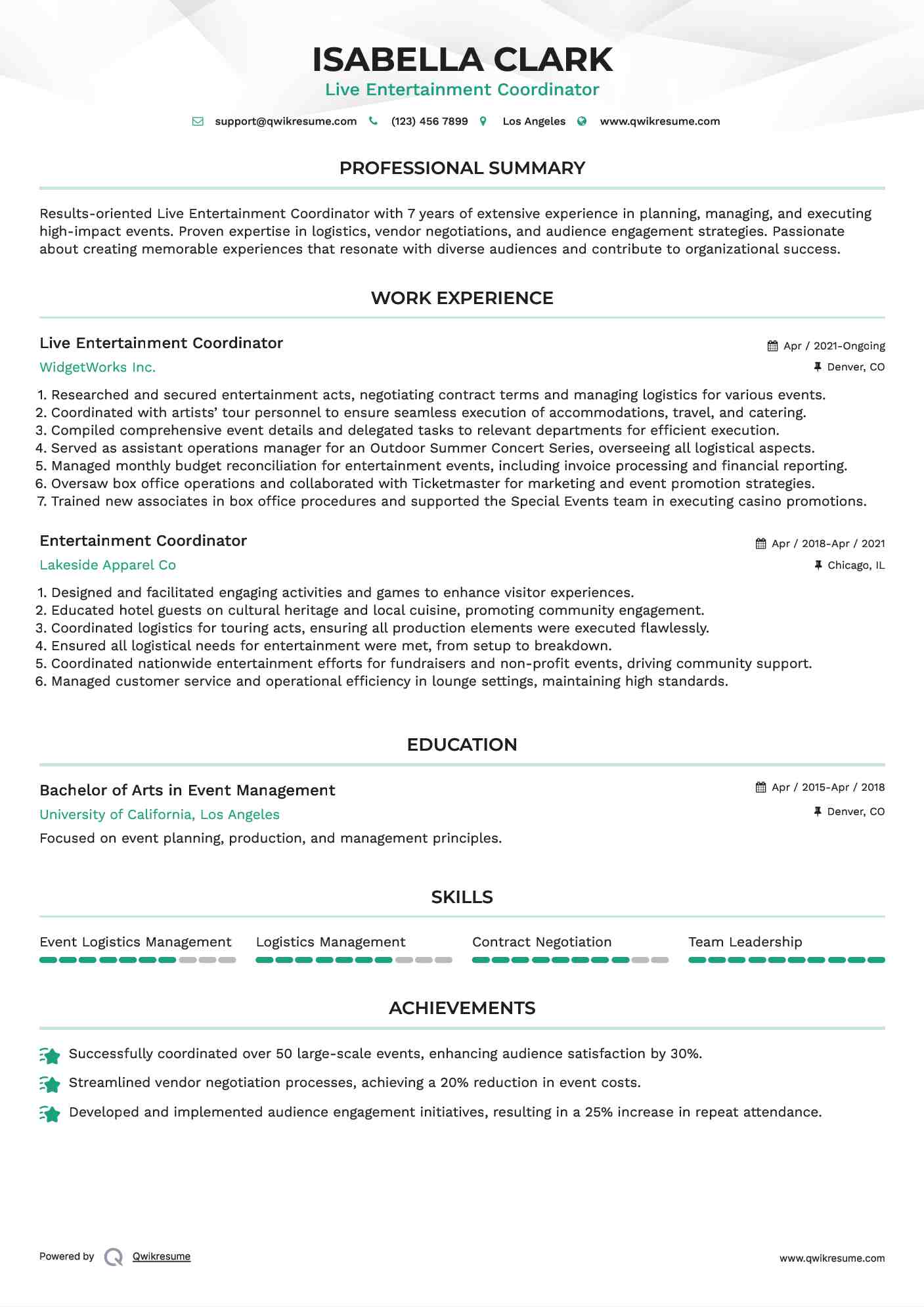 Live Entertainment Coordinator
 Resume Sample