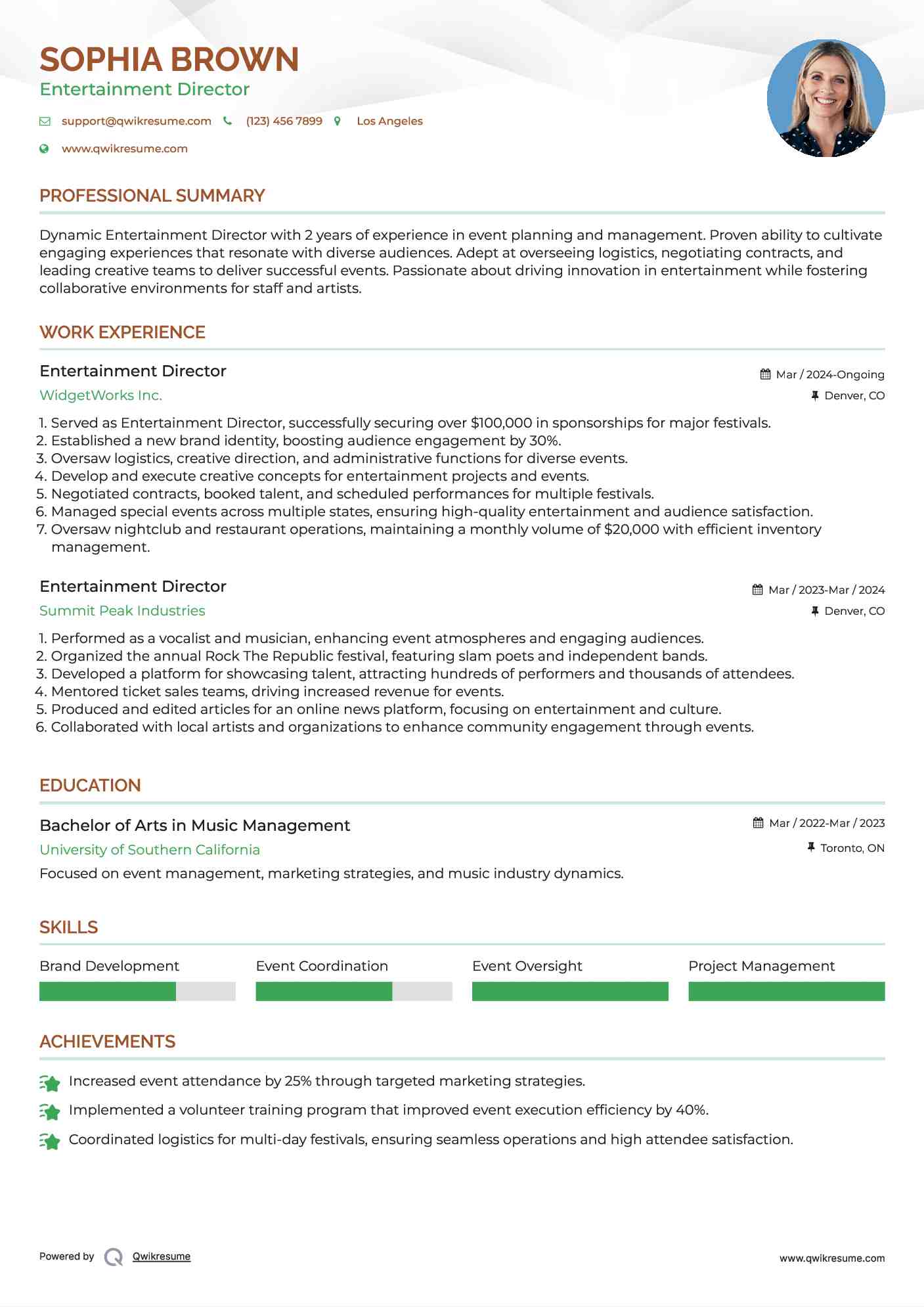 Entertainment Director Resume Format
