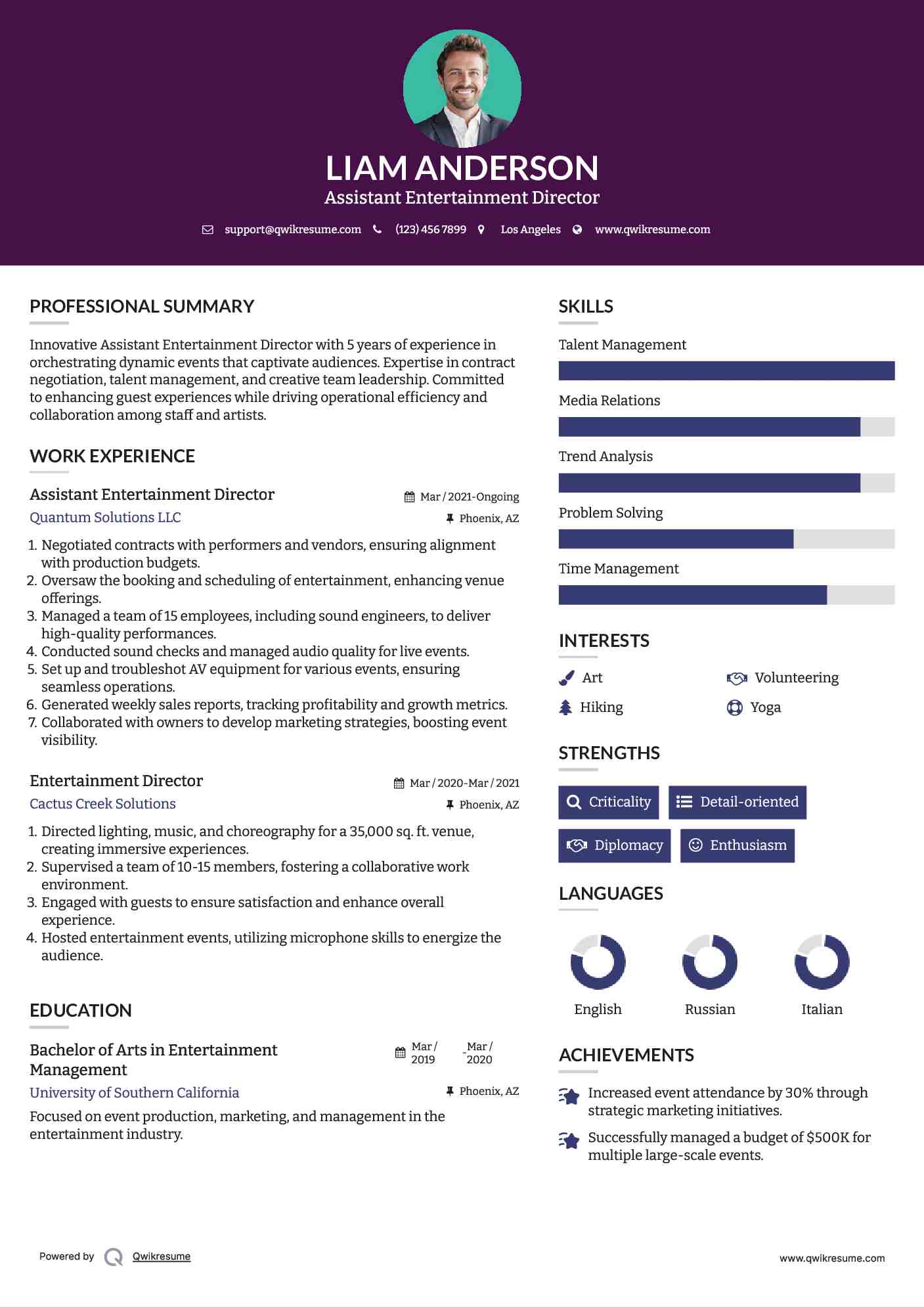 Assistant Entertainment Director Resume Example