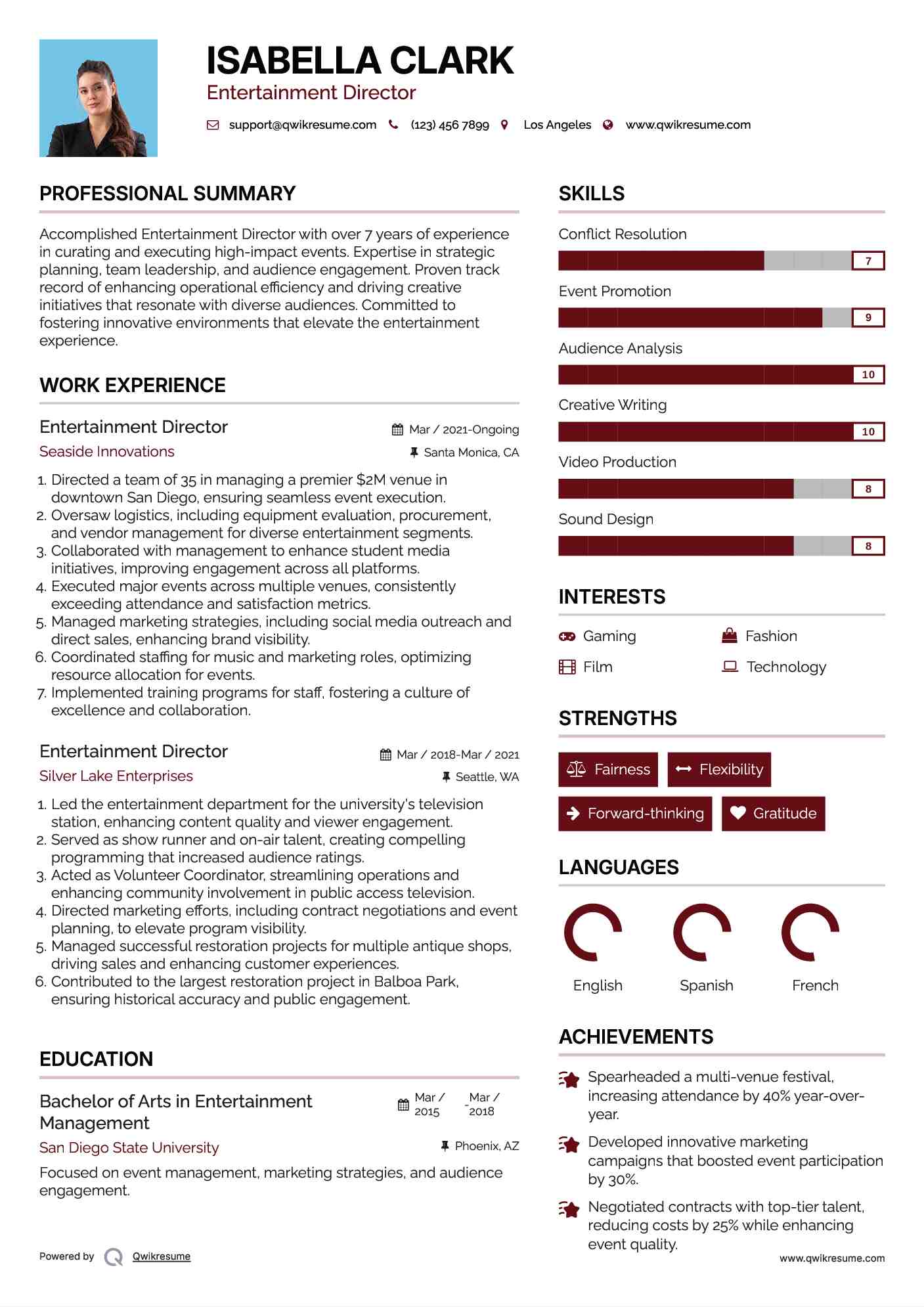 Entertainment Director Resume Sample