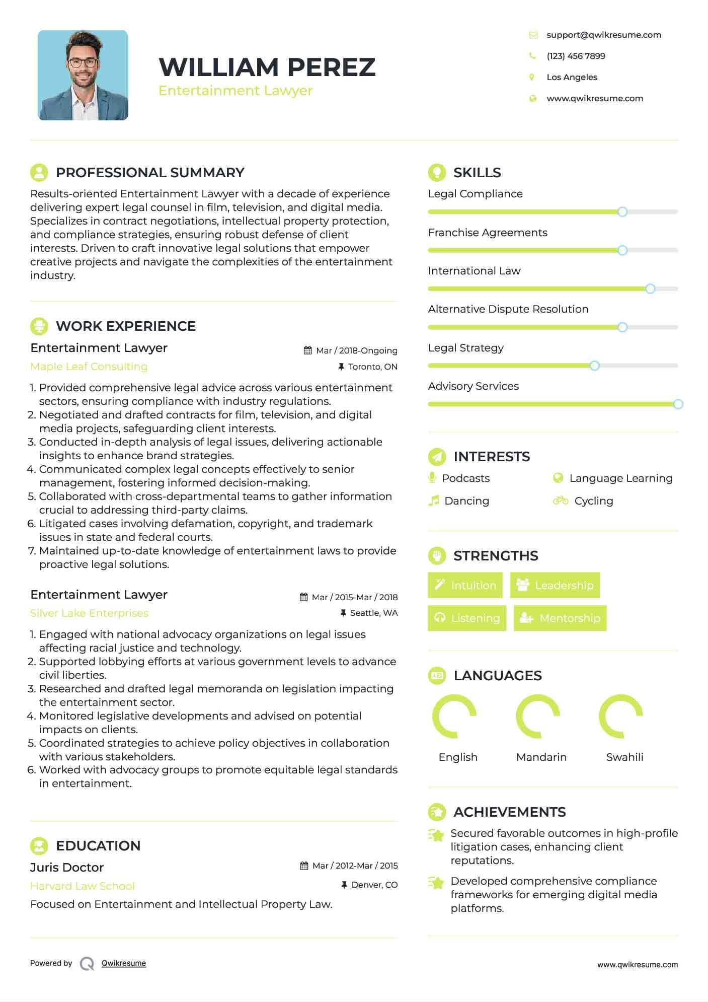 Entertainment Lawyer Resume Format