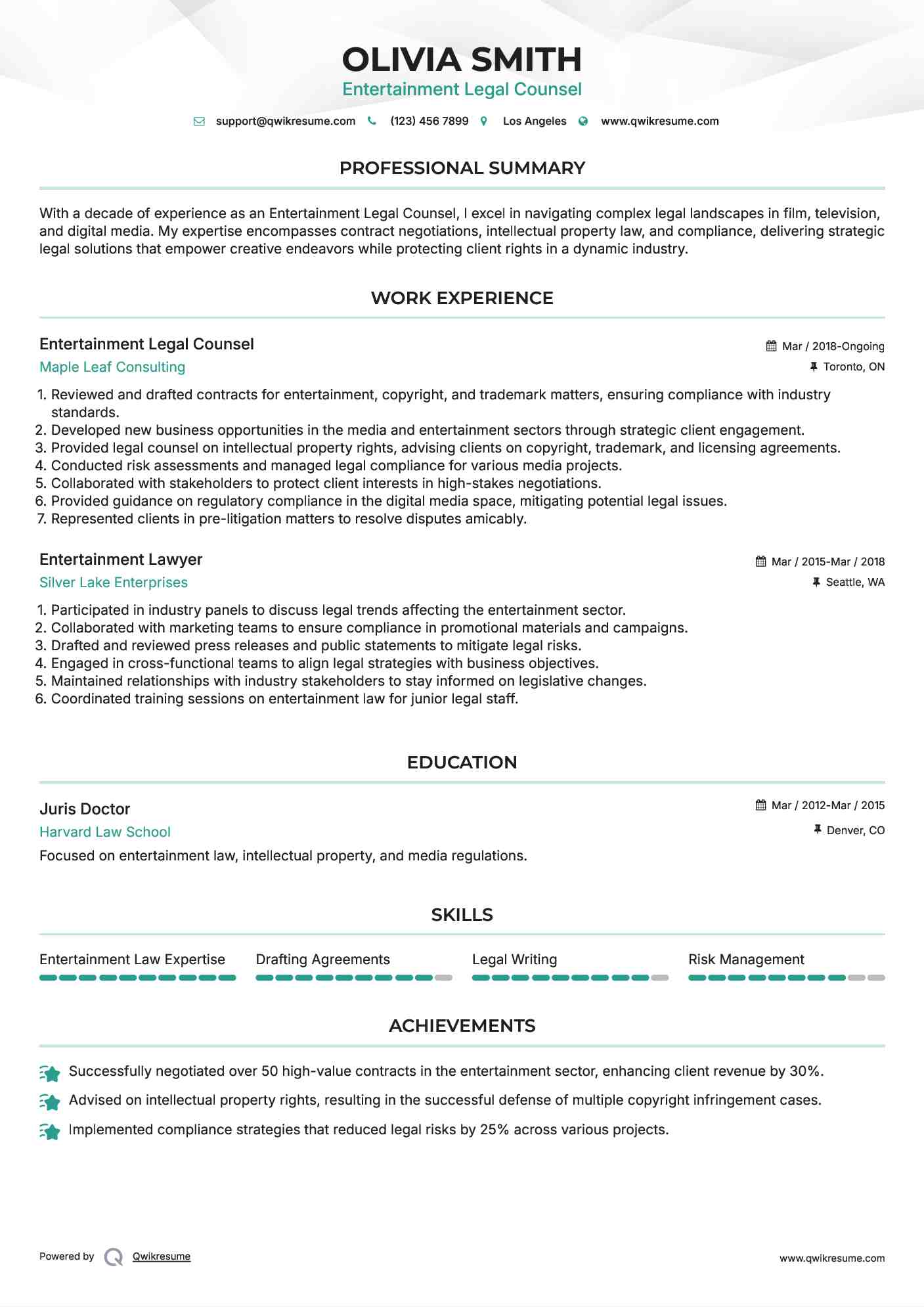 Entertainment Legal Counsel Resume Example