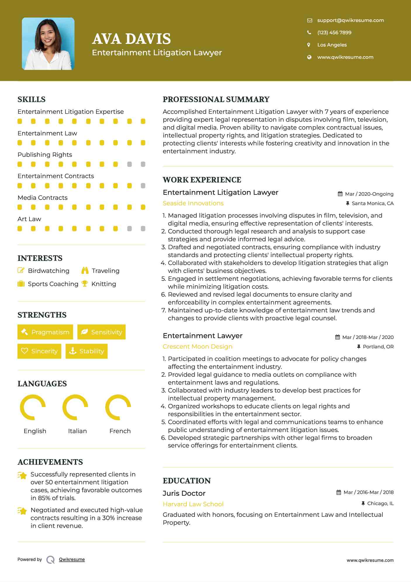 Entertainment Litigation Lawyer Resume Example