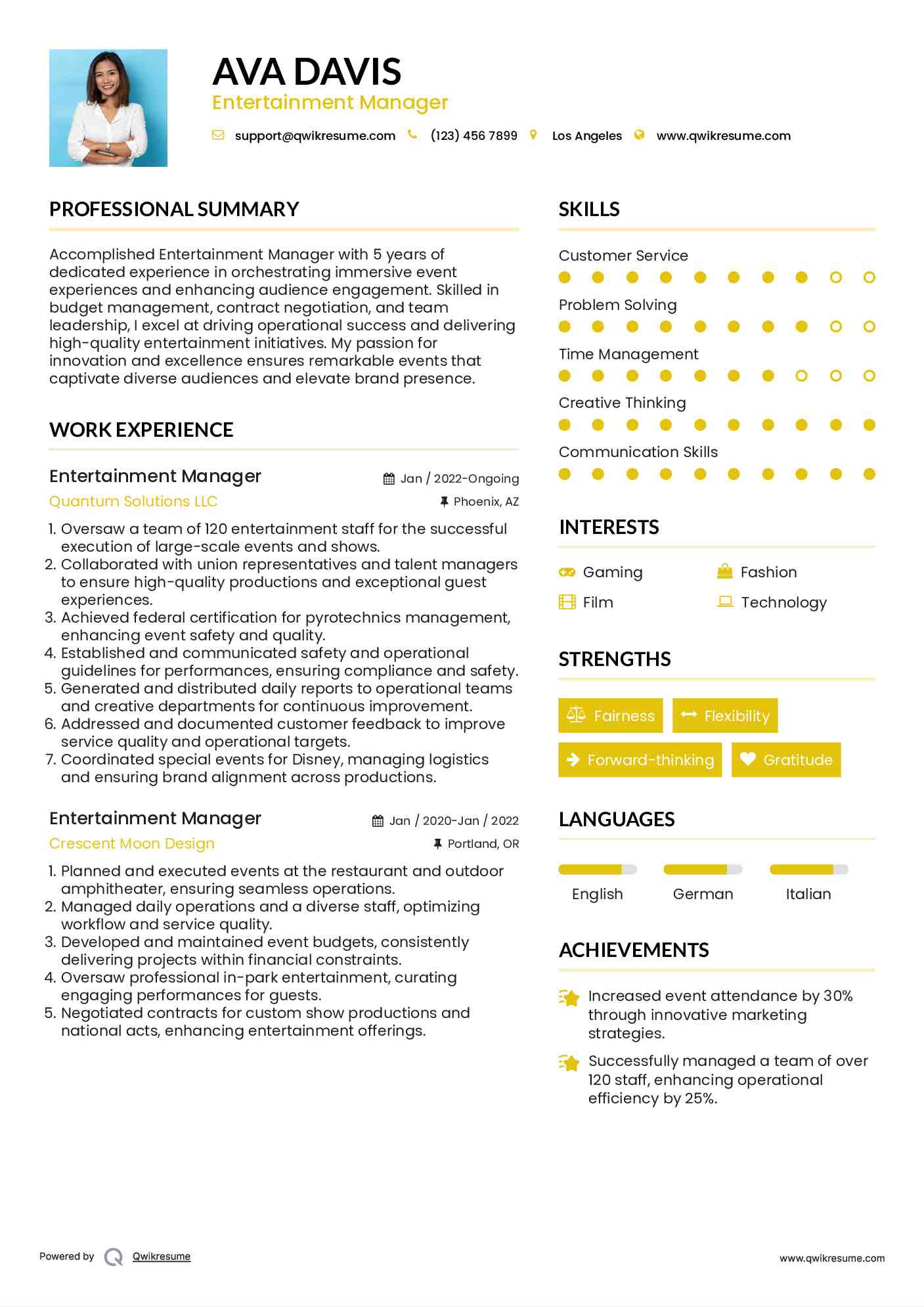 Entertainment Manager Resume Format