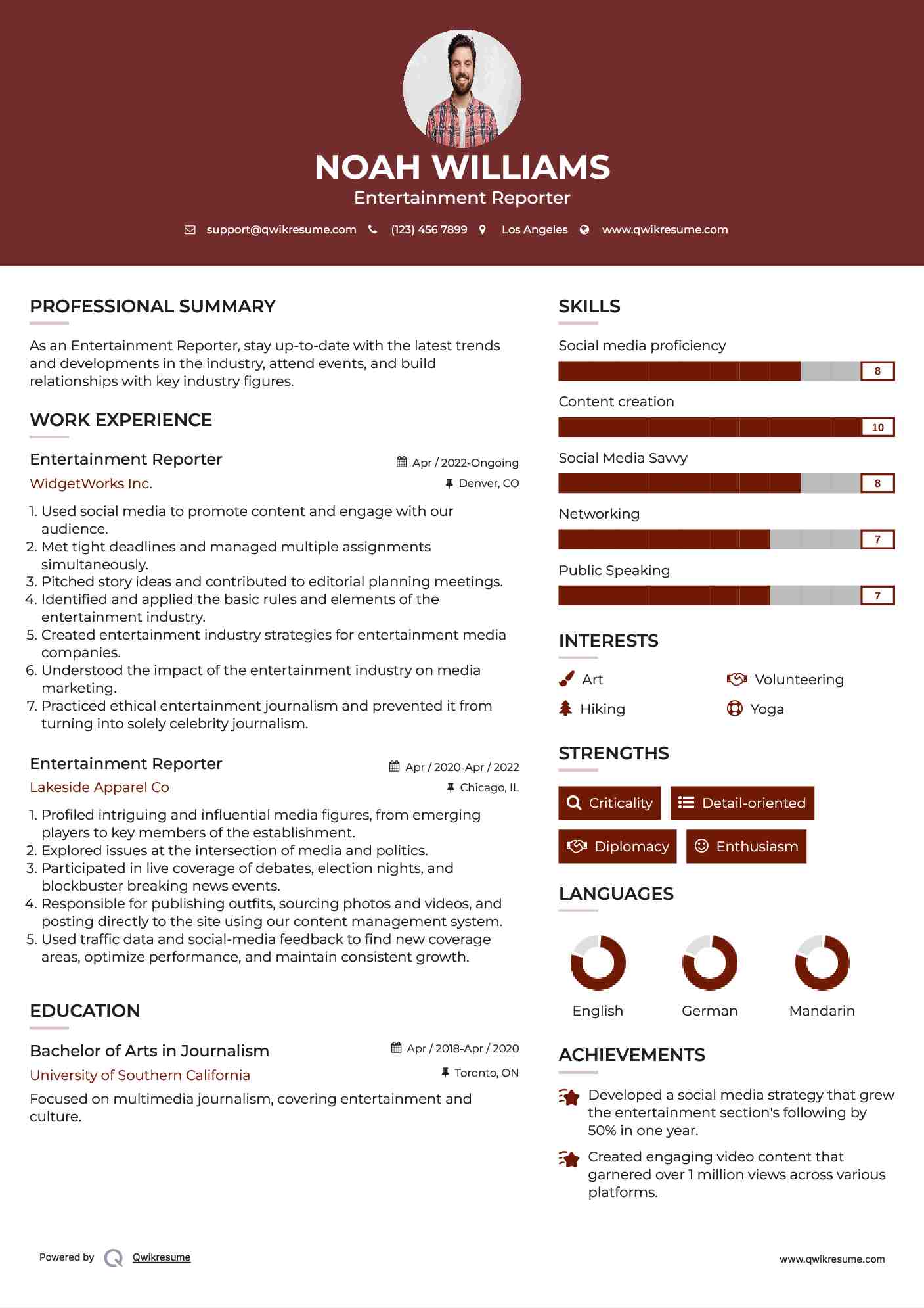 Entertainment Reporter Resume Model