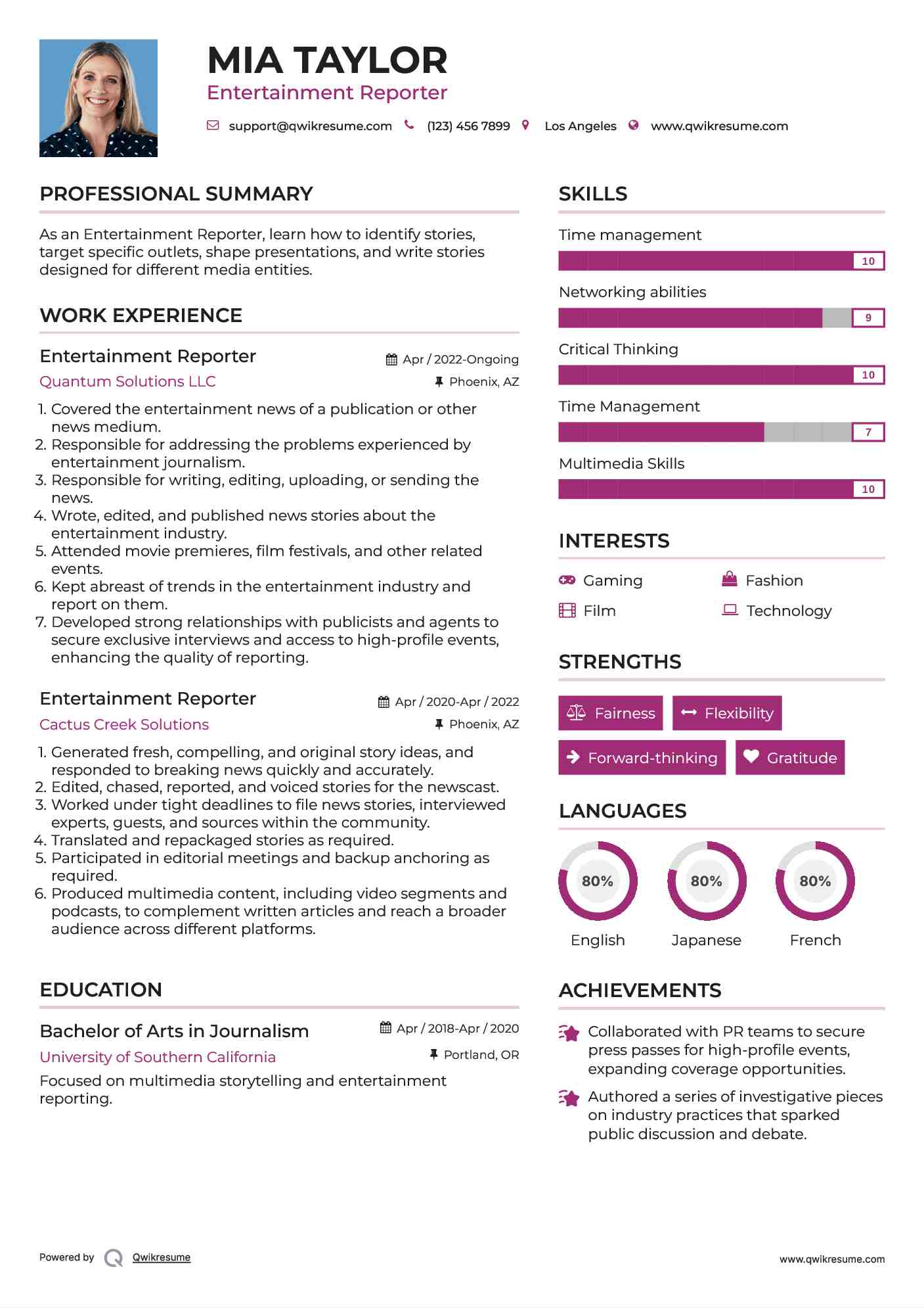 Entertainment Reporter Resume Model
