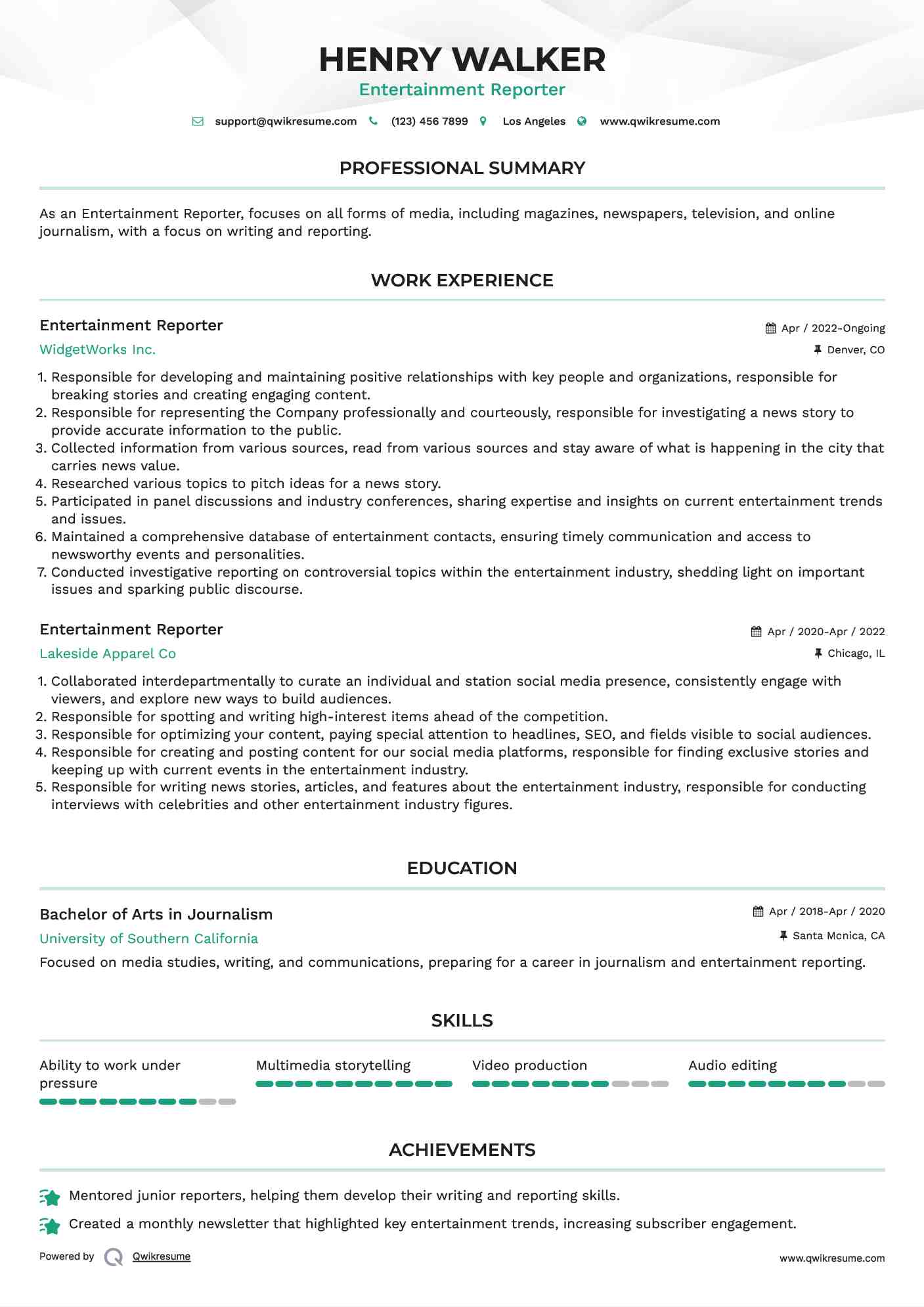 Entertainment Reporter Resume Sample