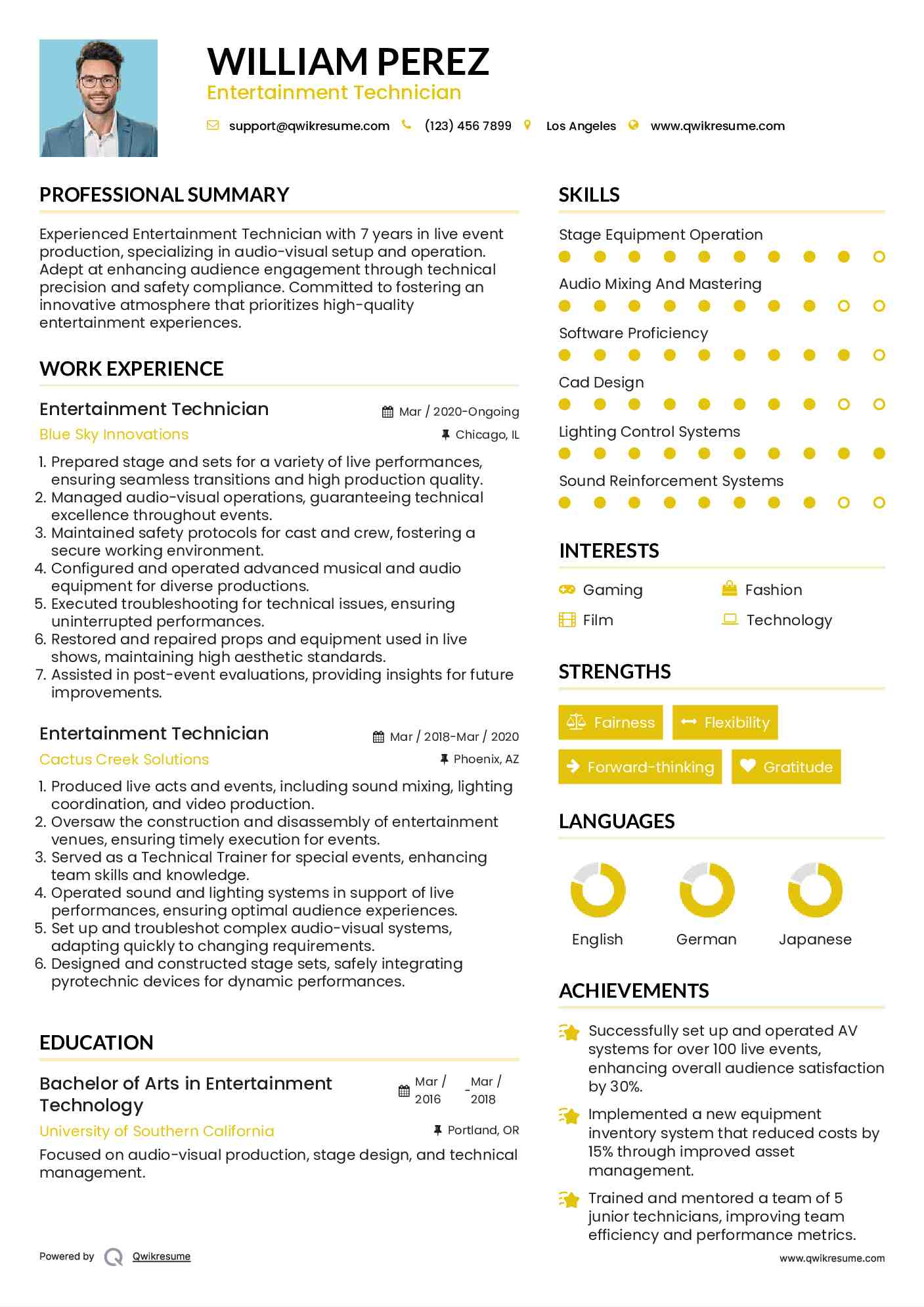 Entertainment Technician Resume Example