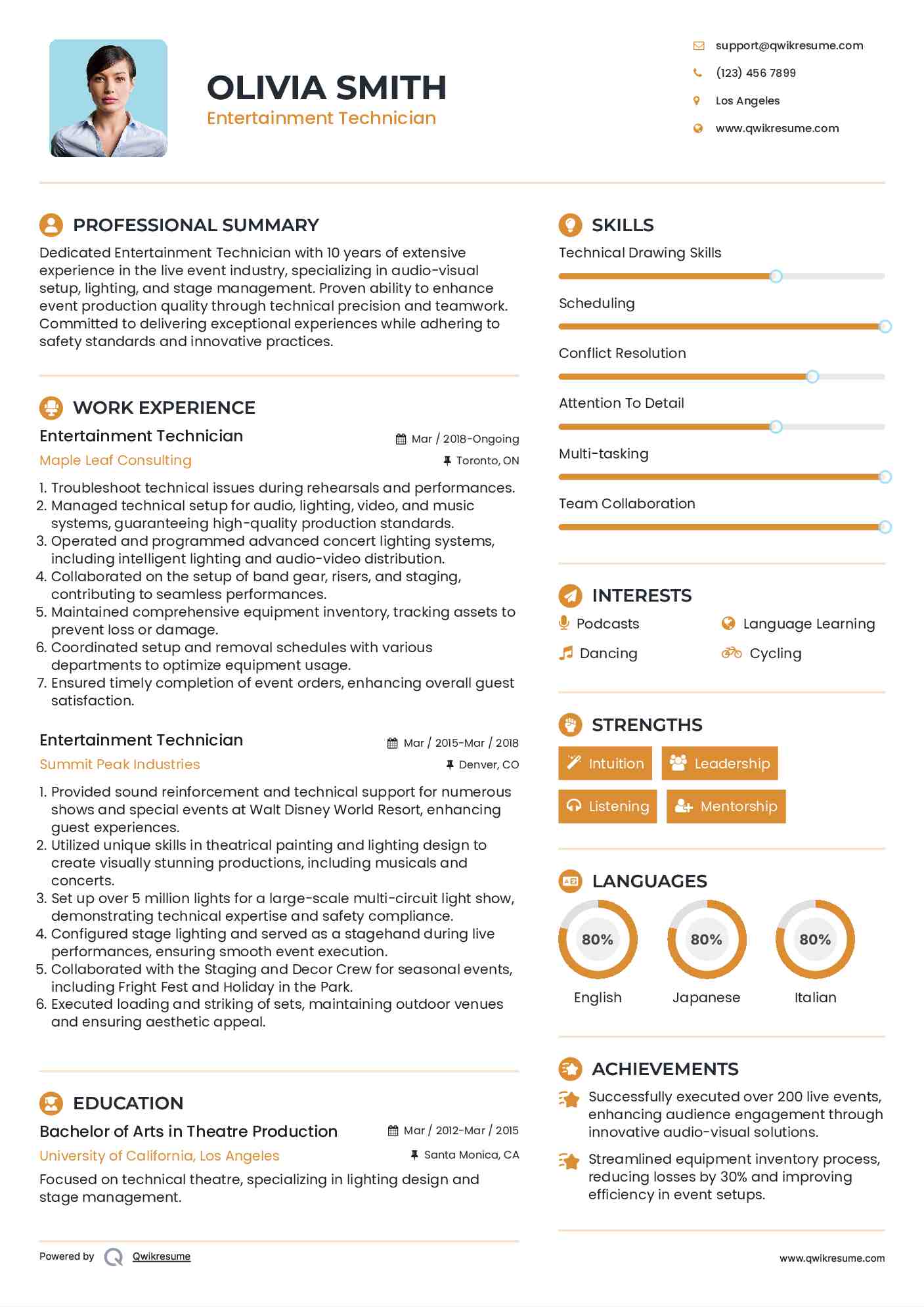 Entertainment Technician Resume Model