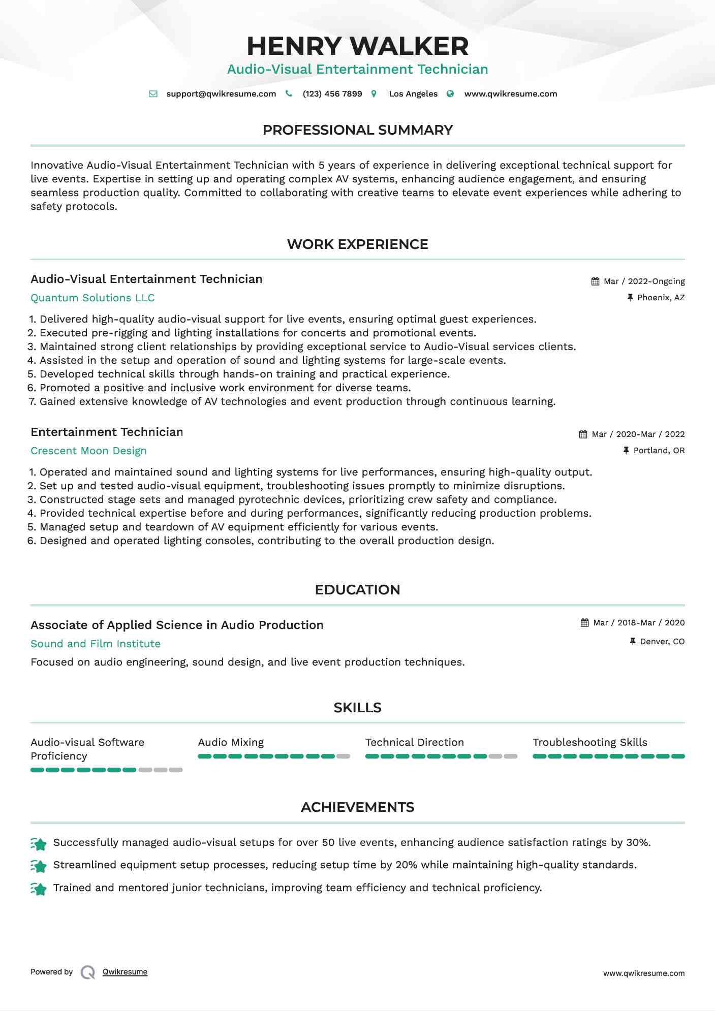 Audio-Visual Entertainment Technician Resume Format