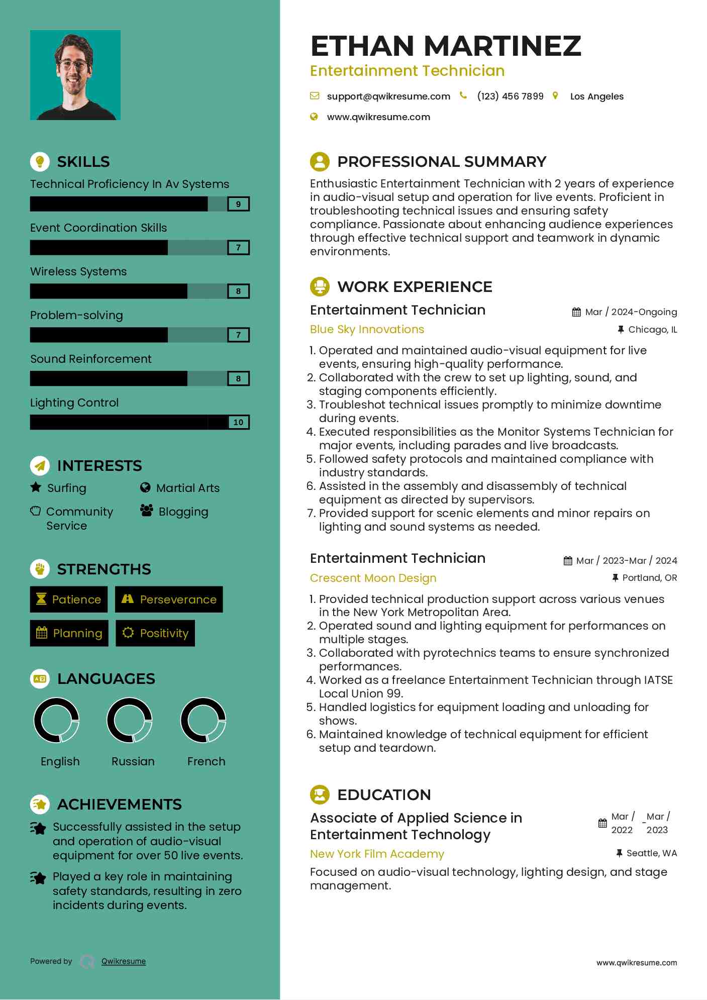 Entertainment Technician Resume Example