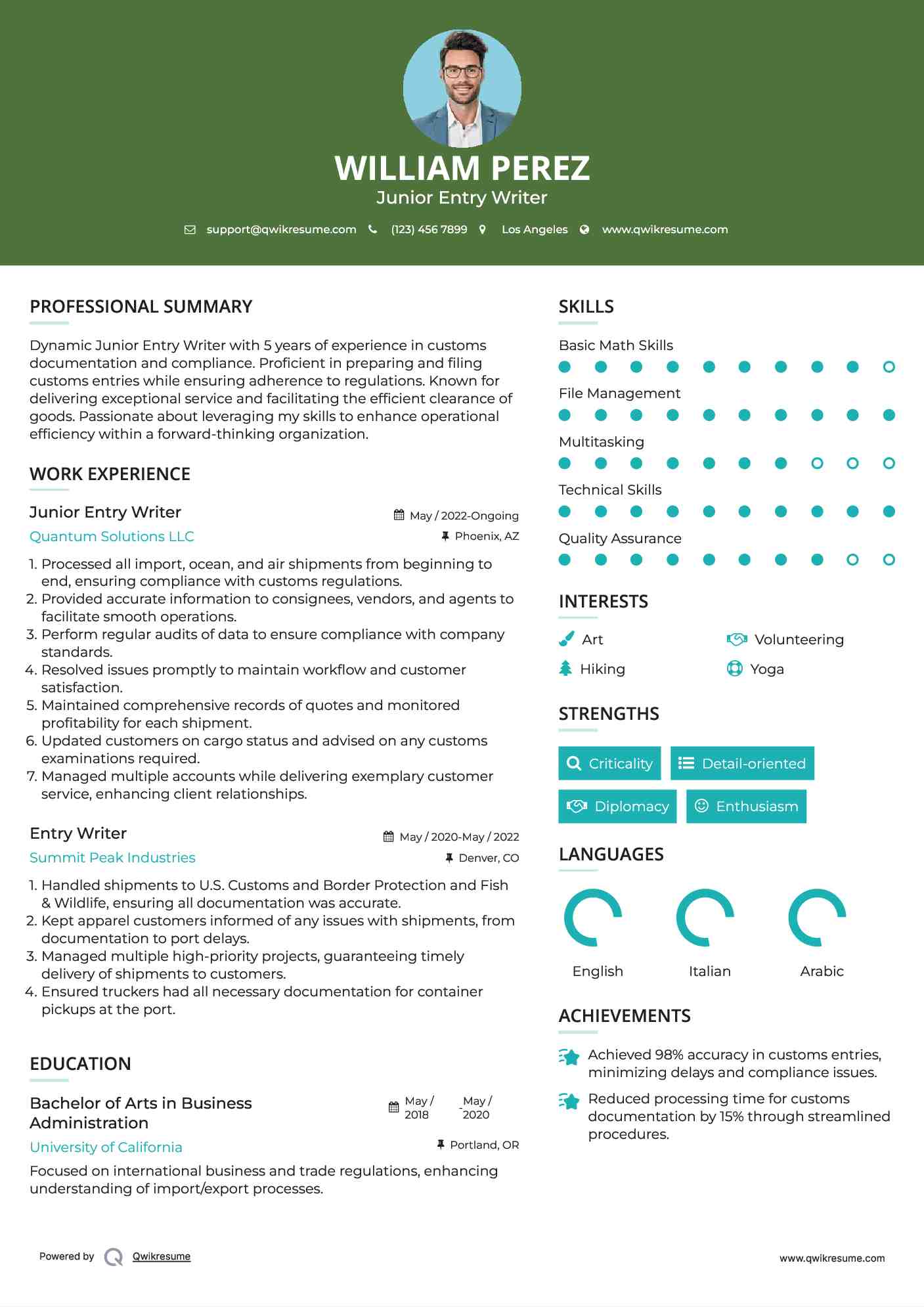 Junior Entry Writer Resume Sample