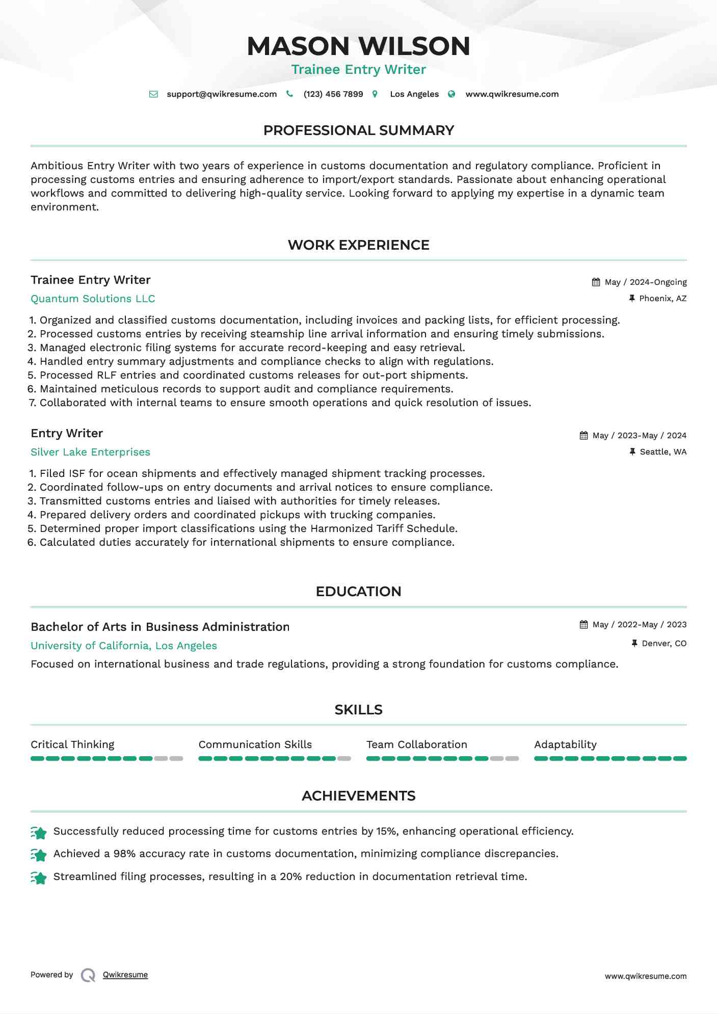 Trainee Entry Writer Resume Sample