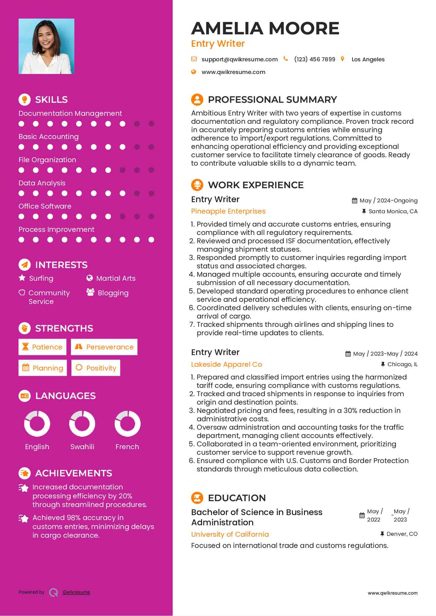 Entry Writer Resume Sample