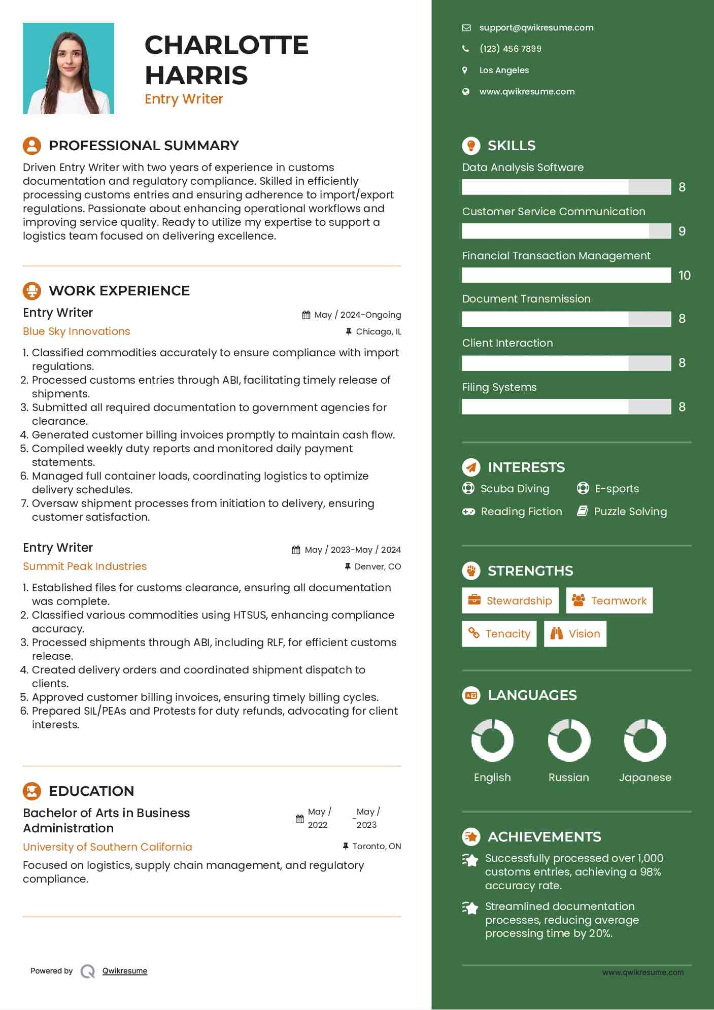 Entry Writer Resume Sample