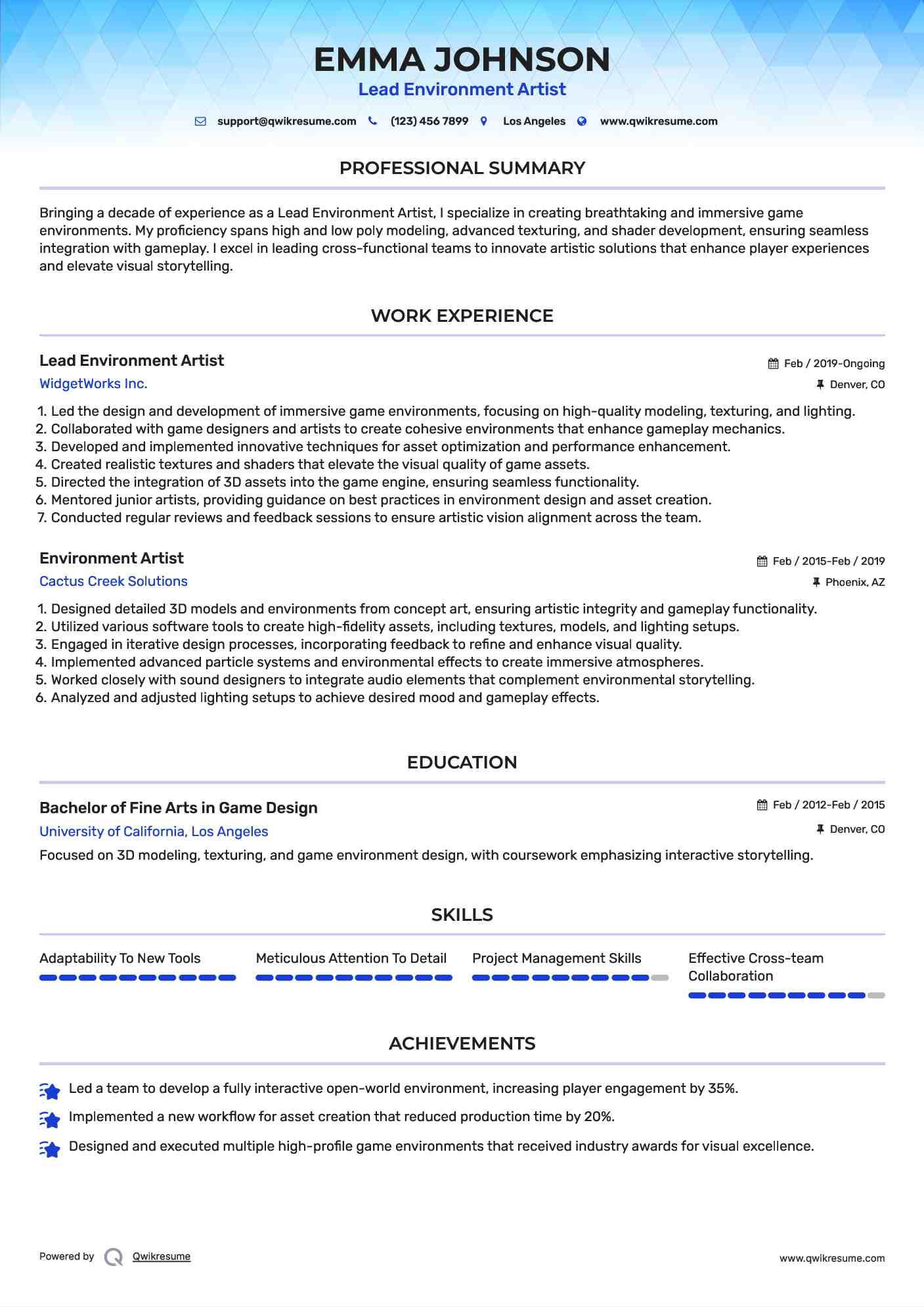 Lead Environment Artist Resume Template