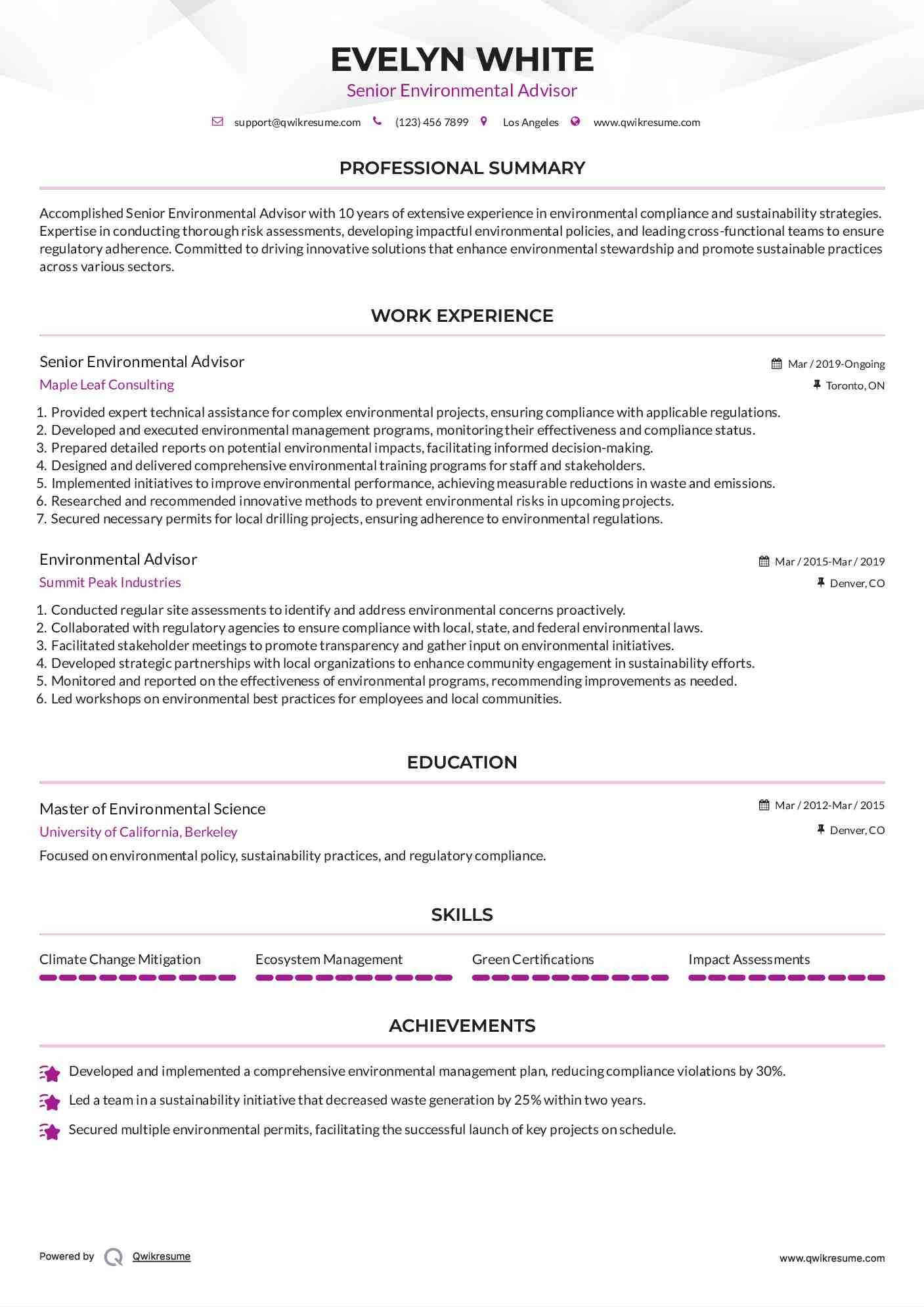 Senior Environmental Advisor Resume Sample