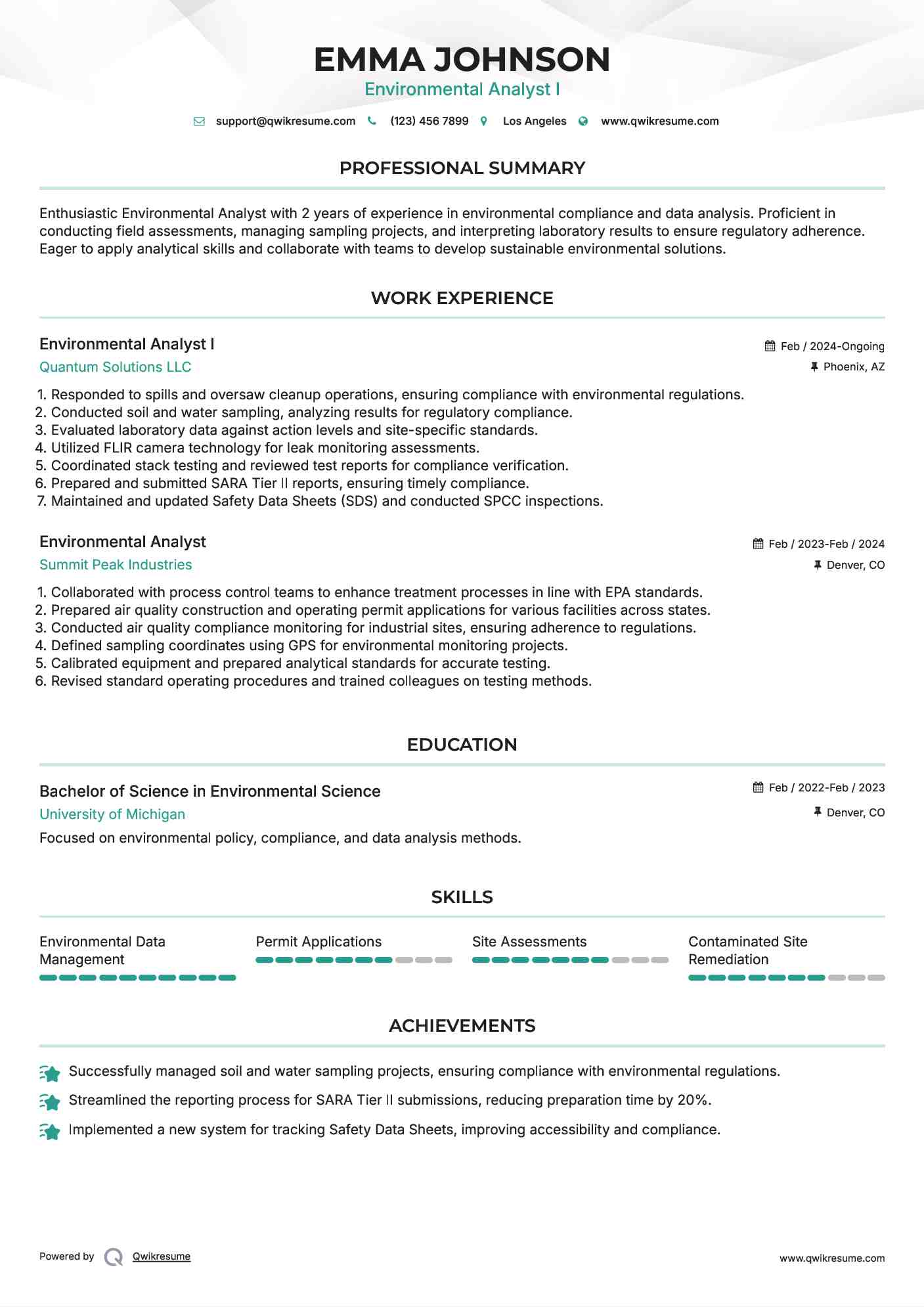 Environmental Analyst I Resume Example