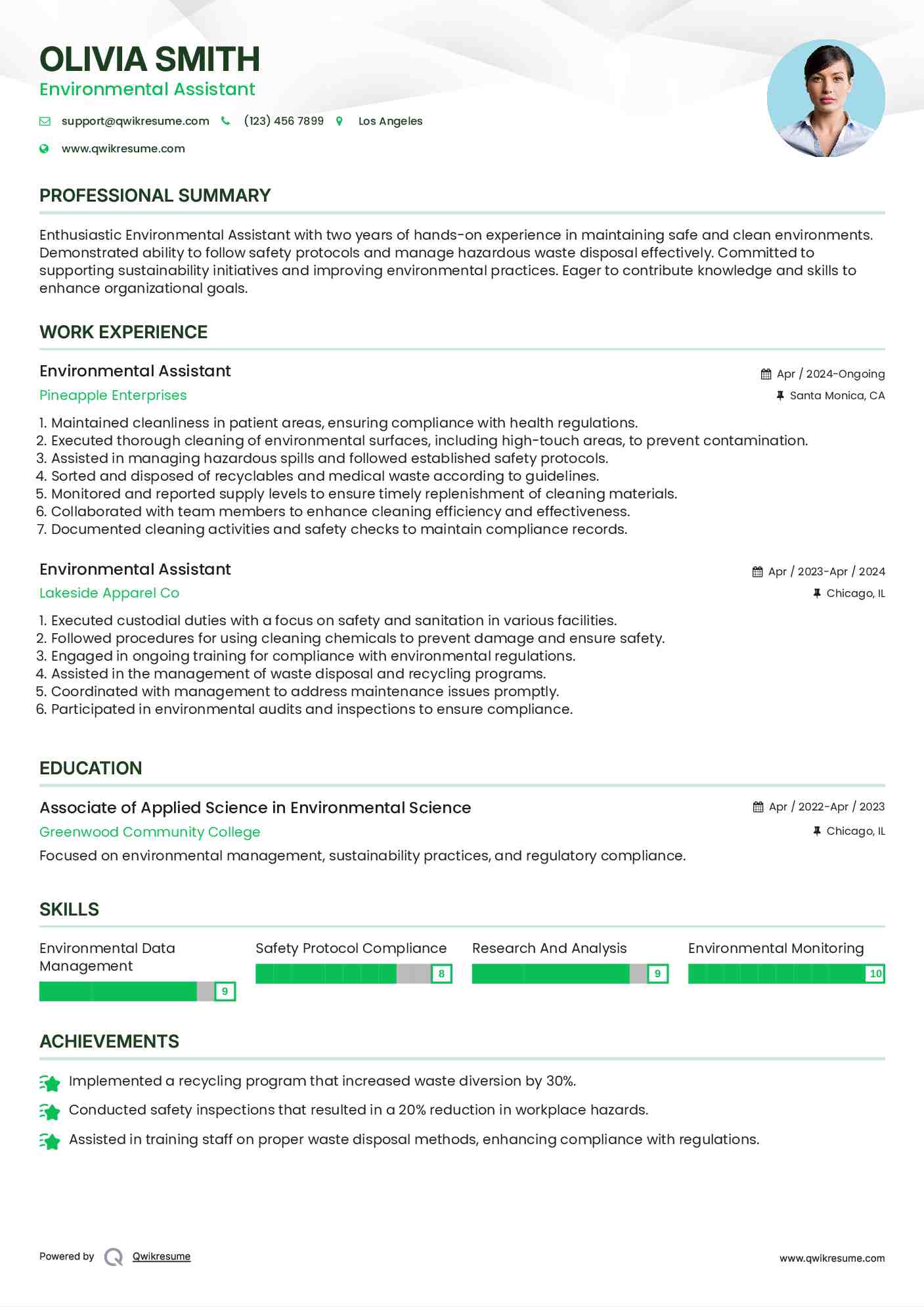 Environmental Assistant Resume Sample