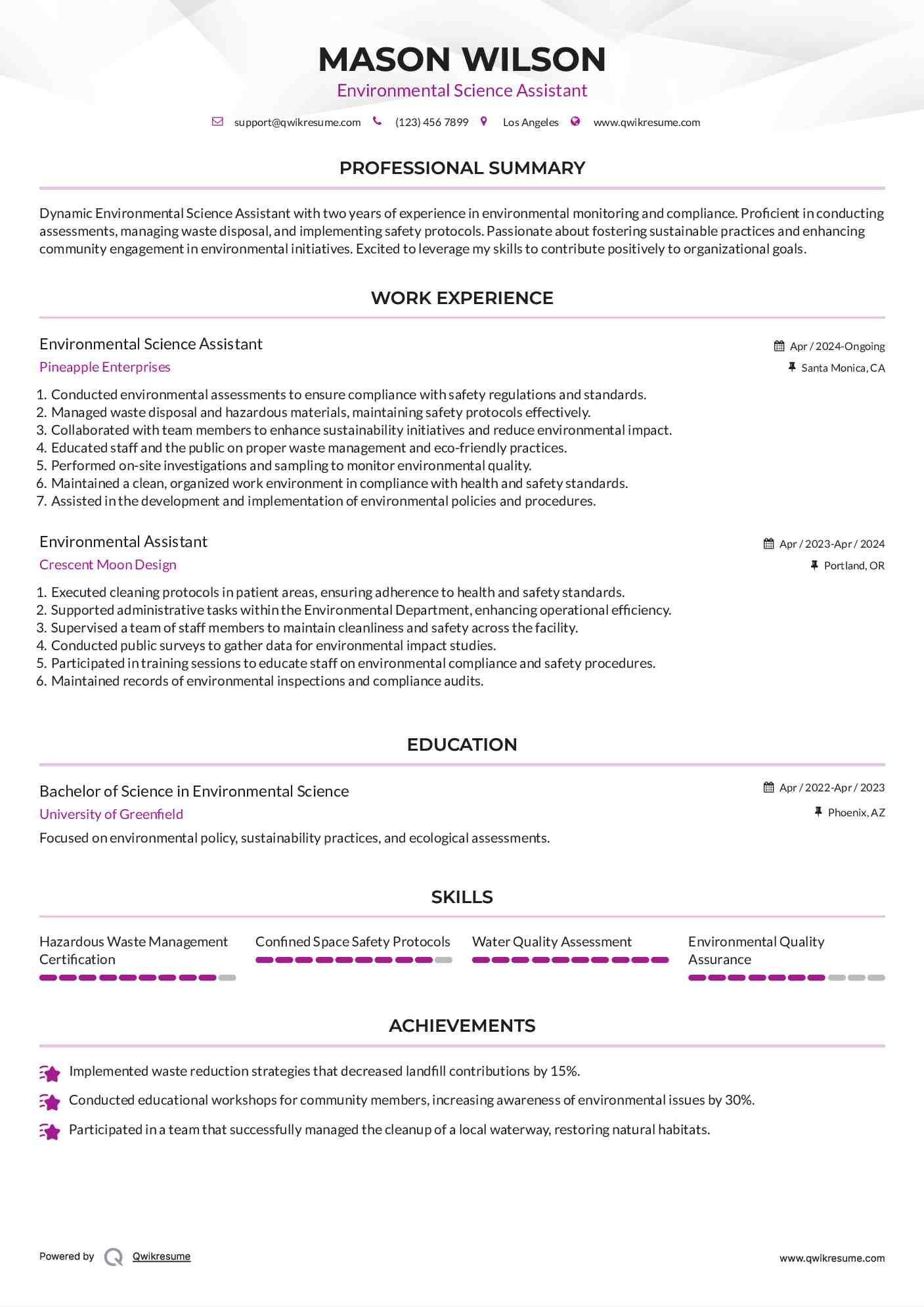 Environmental Science Assistant Resume Sample
