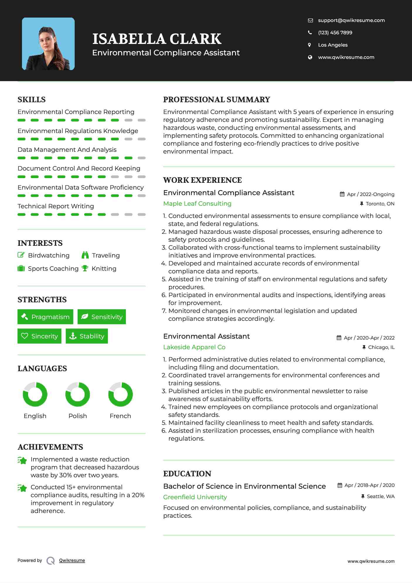 Environmental Compliance Assistant Resume Sample