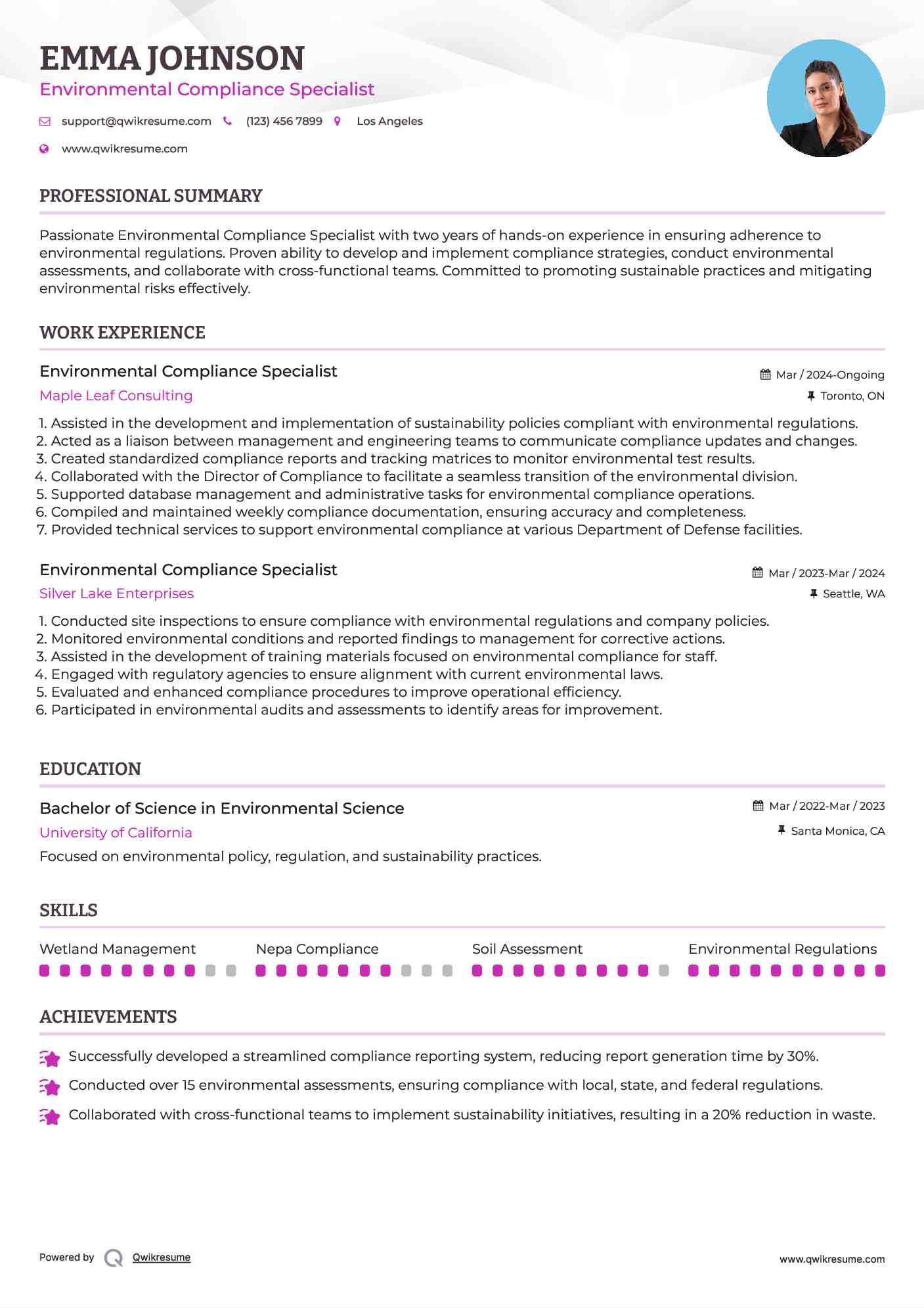 Environmental Compliance Specialist Resume Example