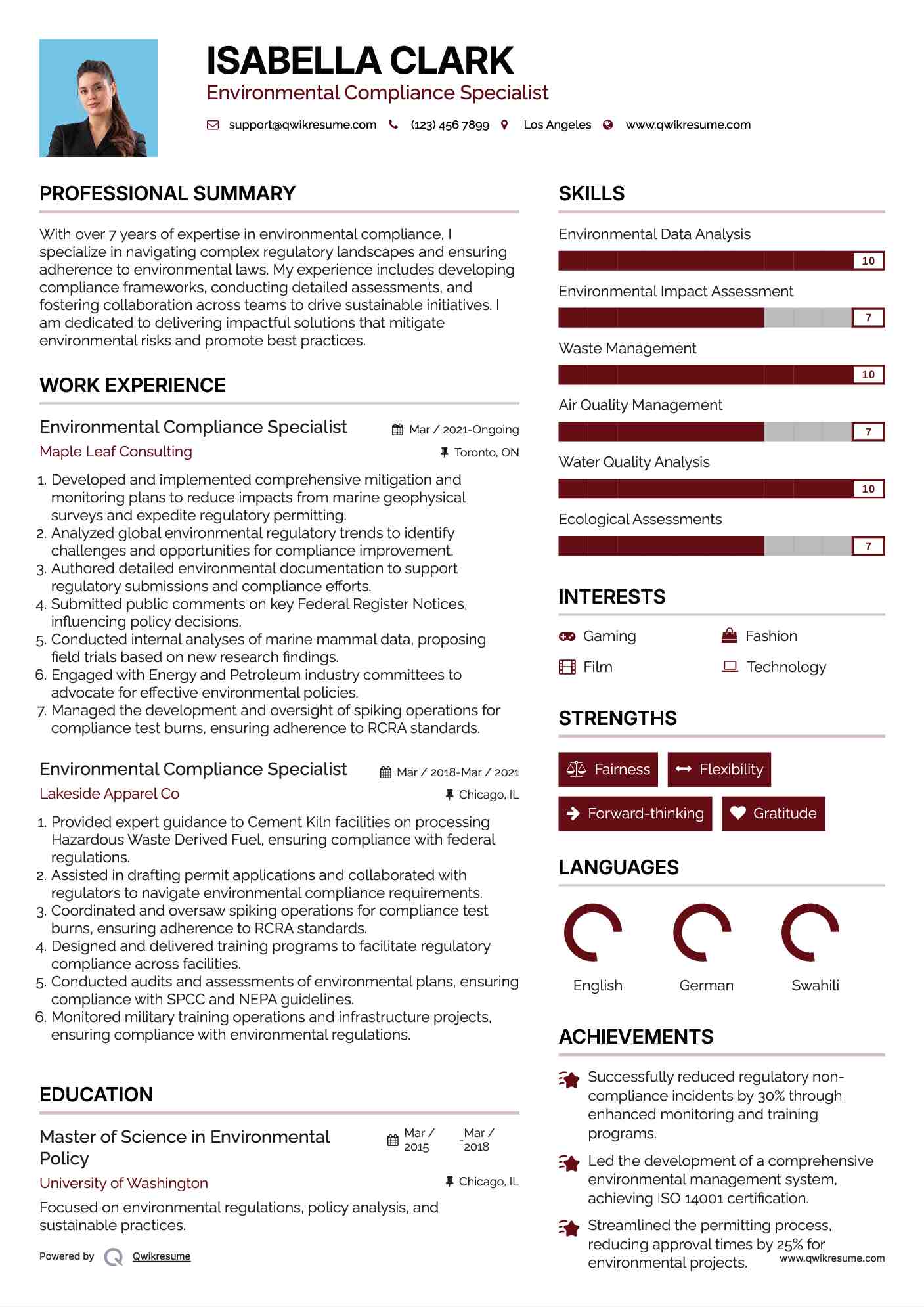 Environmental Compliance Specialist Resume Model