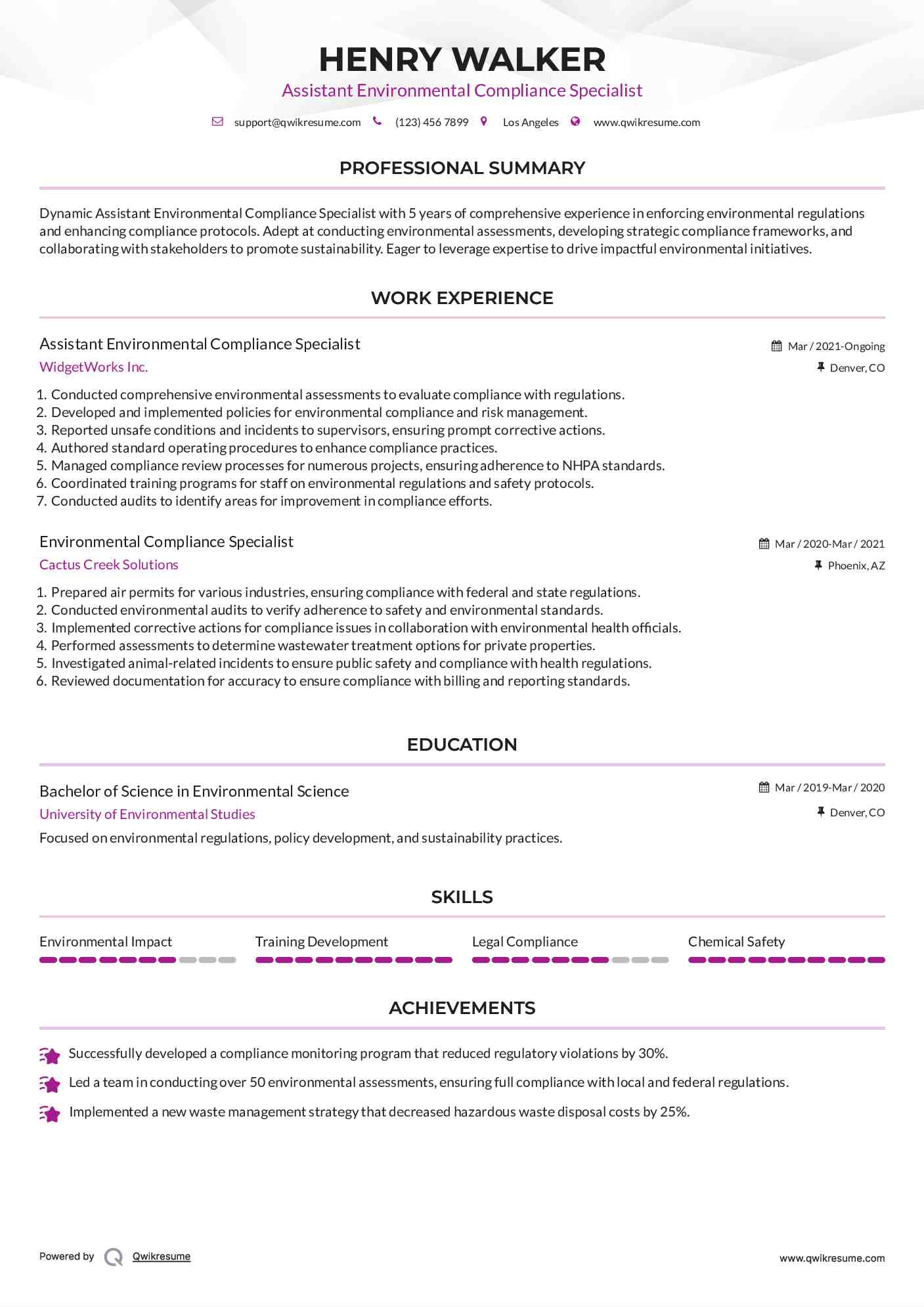 Assistant Environmental Compliance Specialist Resume Example