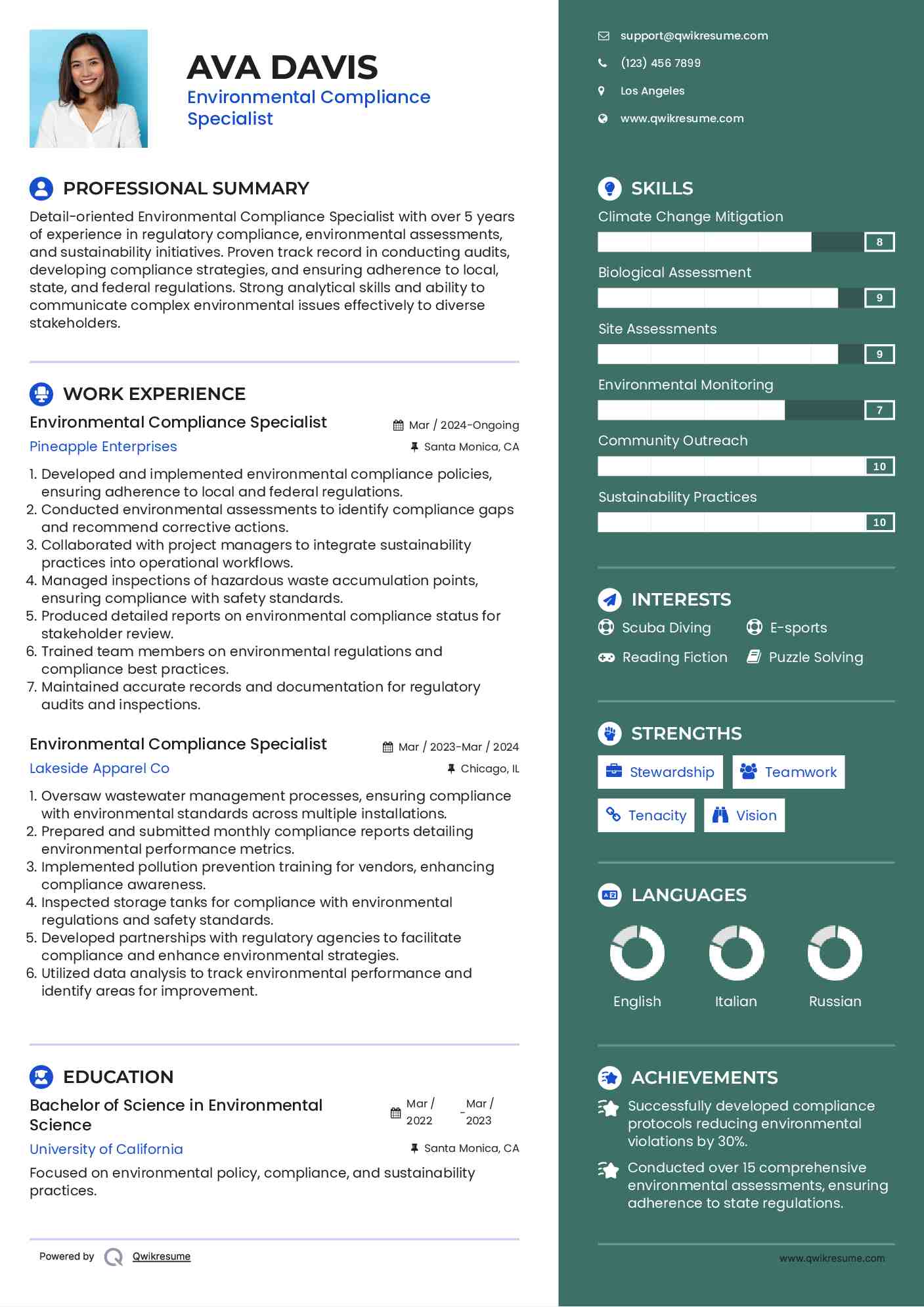 Environmental Compliance Specialist Resume Example