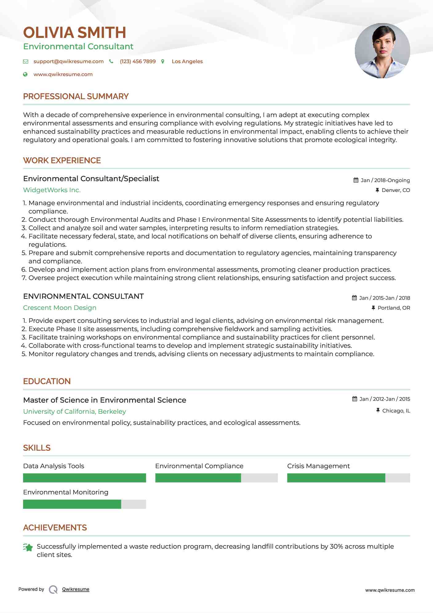 Environmental Consultant/Specialist Resume Example