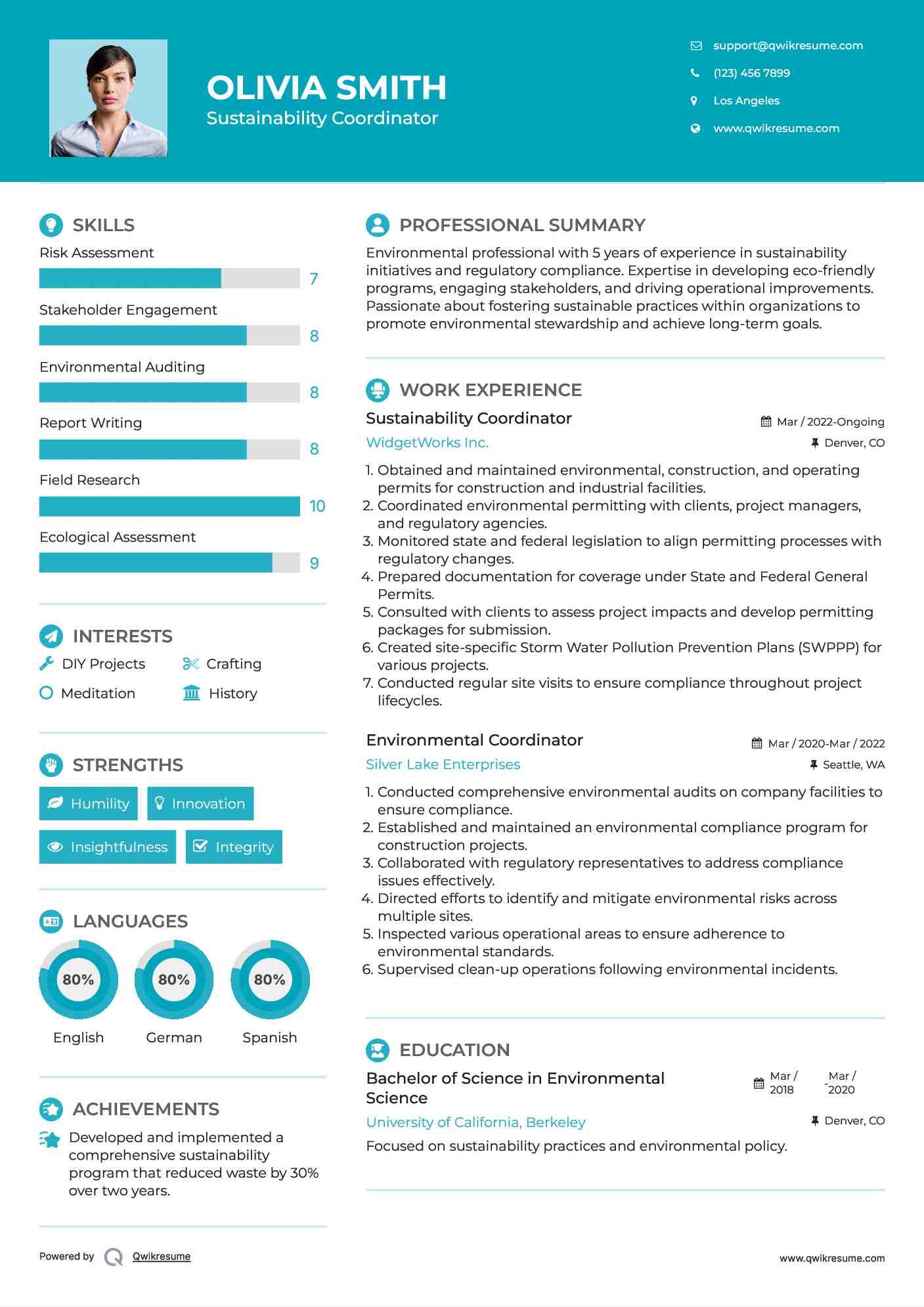 Sustainability Coordinator Resume Sample